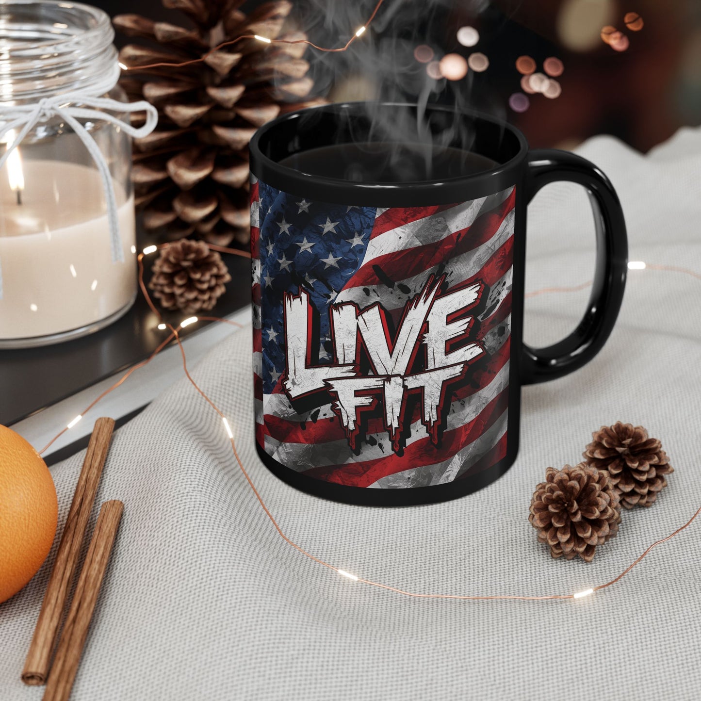 Stylish Black Ceramic Mug - LIVE FIT Design - American Flag Backdrop - Red White Blue