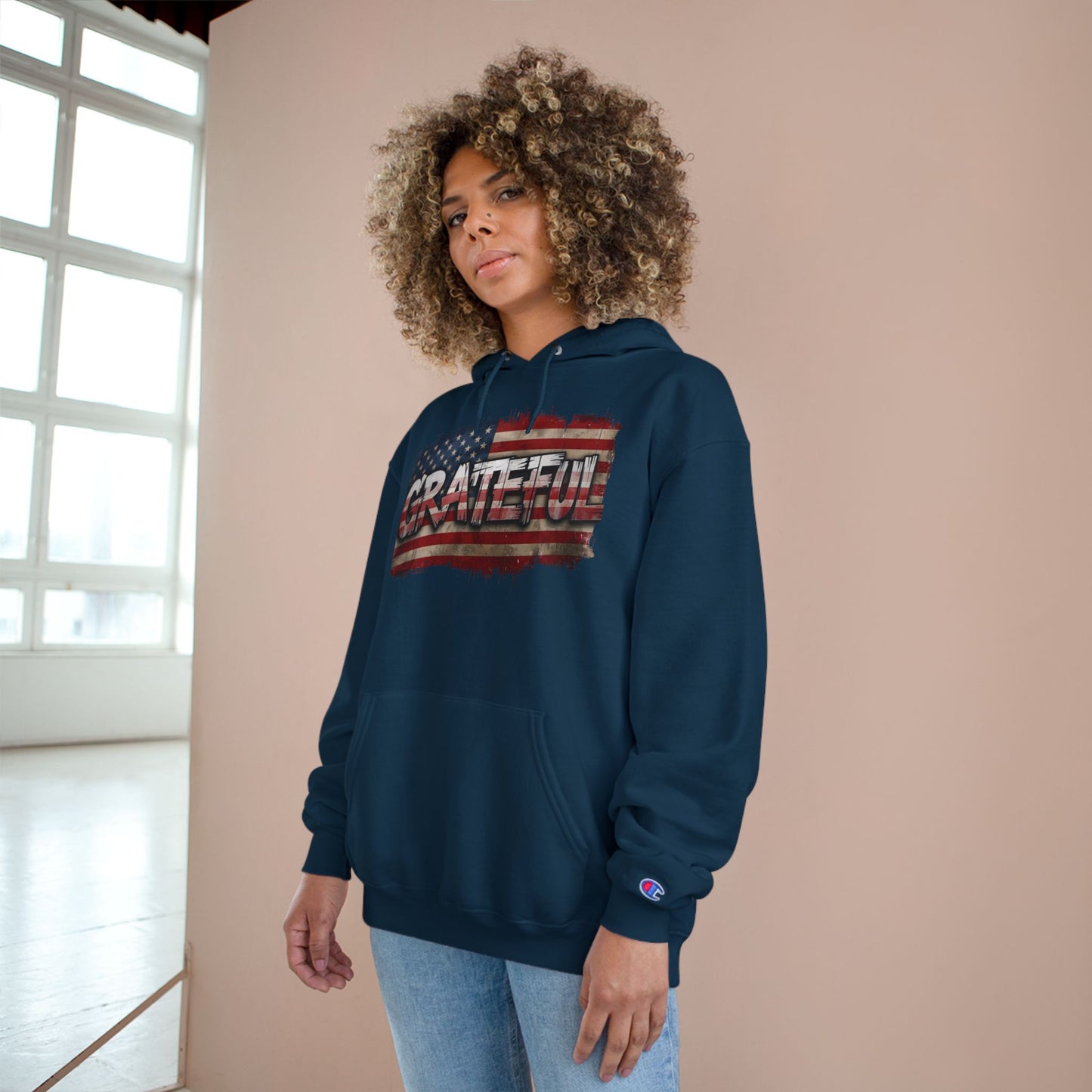 Champion Hoodie - Grateful American Flag - Red White Blue Backdrop