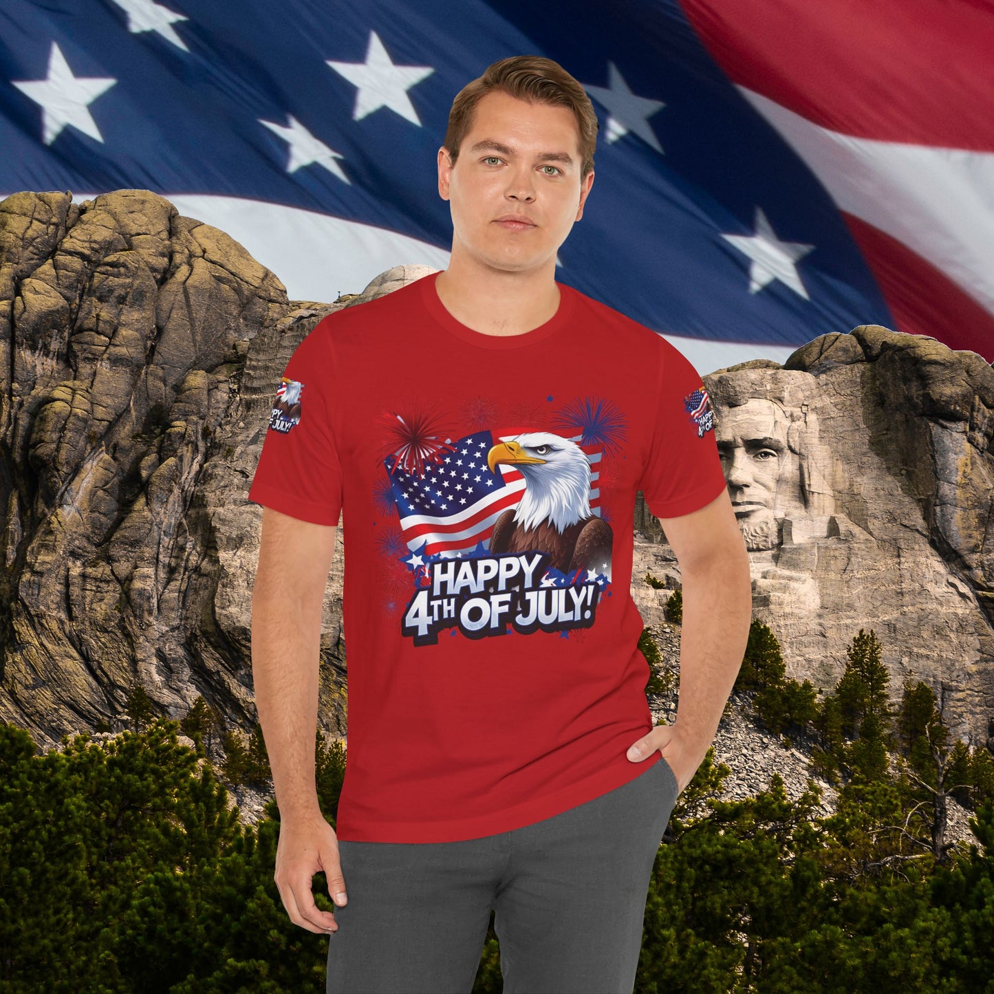 Happy 4th of July, Print Design, Unisex T-Shirt, Patriotic Print Design, Independence Day Shirt, Red White Blue Shirt, USA Tee Gift, Gift For Her, Gift For Him, American Flag, Bald Eagle