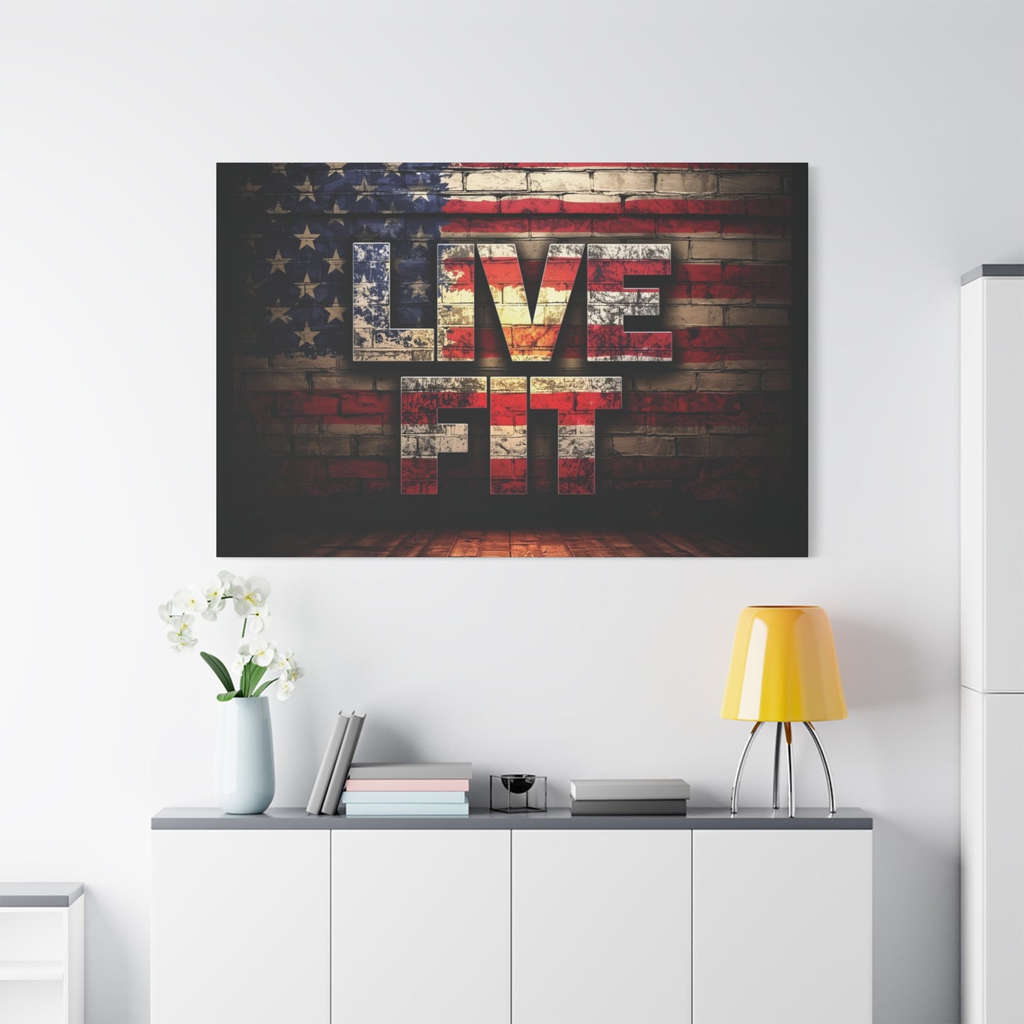 American Pride Canvas Wall Art - Live Fit Decor - Fitness Motivation - Patriotic Gift - USA Flag Artwork - Red White Blue -