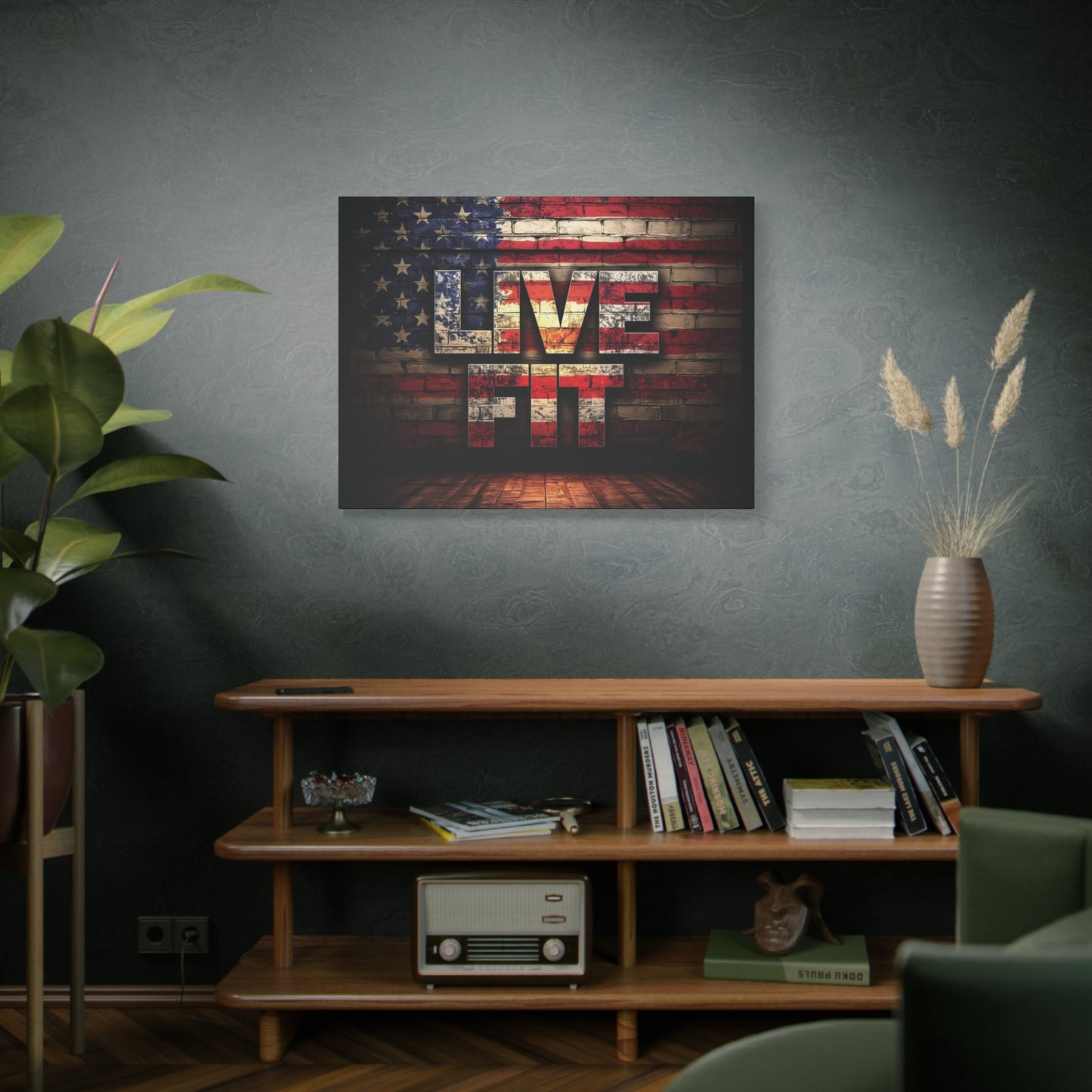 American Pride Canvas Wall Art - Live Fit Decor - Fitness Motivation - Patriotic Gift - USA Flag Artwork - Red White Blue -