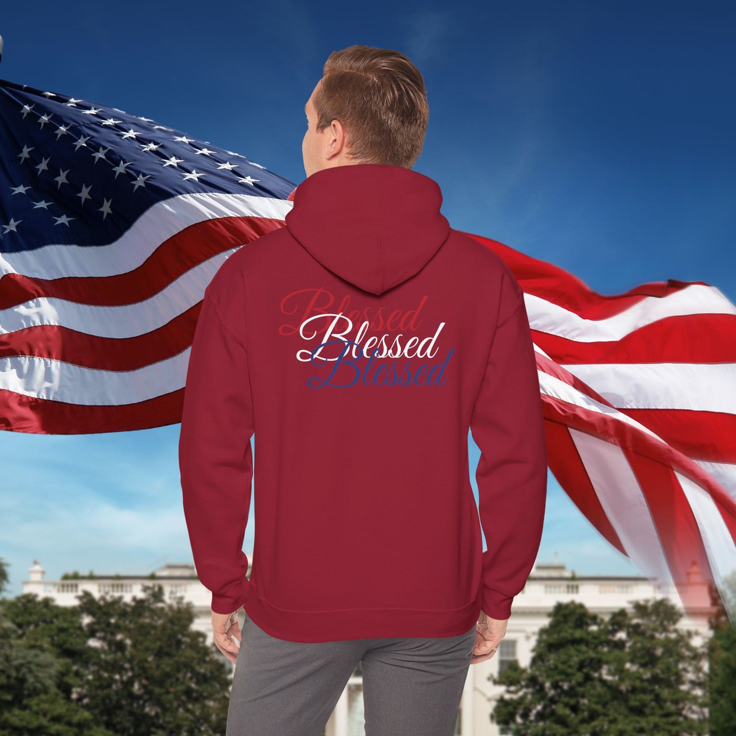 Blessed Hoodie – Patriotic Red, White & Blue Unisex Pullover Sweatshirt with Front & Back Print – Cozy, Positive Vibes Gift