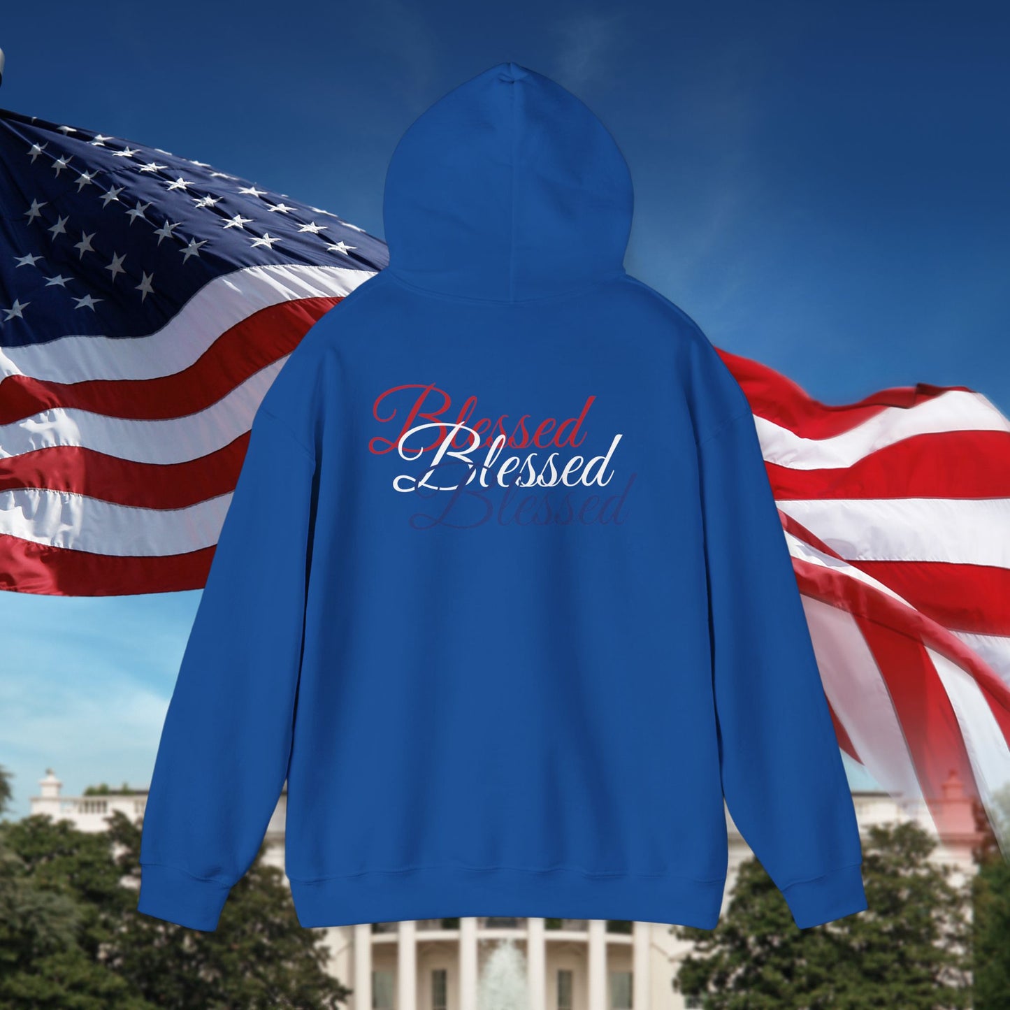 Blessed Hoodie – Patriotic Red, White & Blue Unisex Pullover Sweatshirt with Front & Back Print – Cozy, Positive Vibes Gift