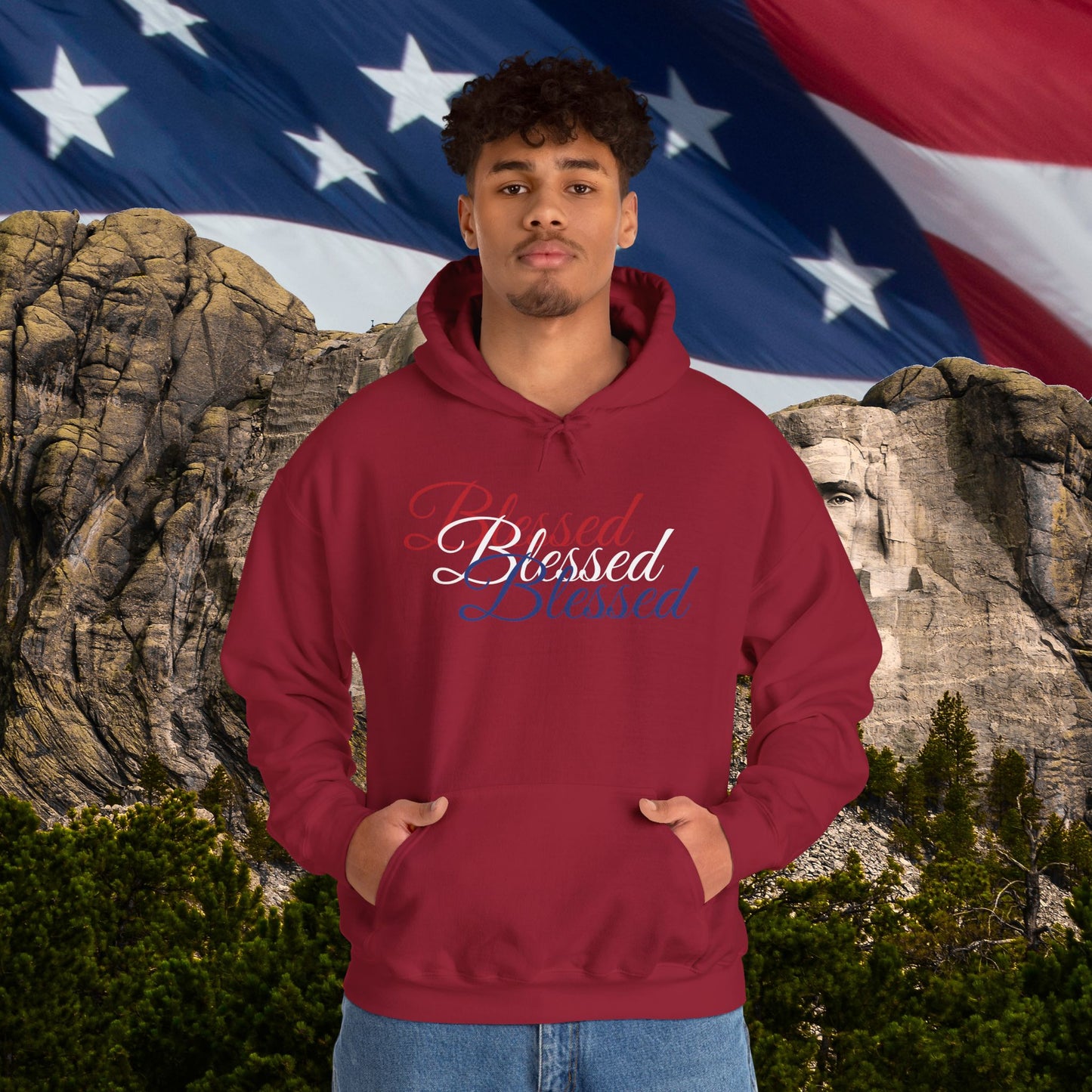 Blessed Hoodie – Patriotic Red, White & Blue Unisex Pullover Sweatshirt with Front & Back Print – Cozy, Positive Vibes Gift