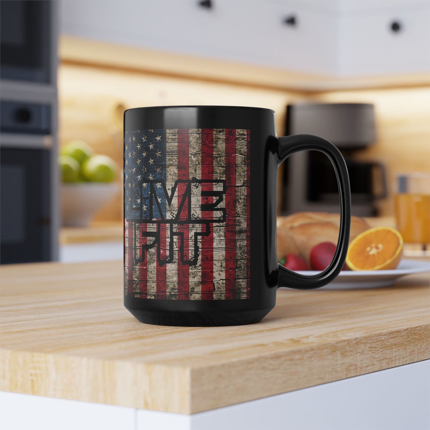 Sleek - Ceramic Black Mug - LIVE FIT - Vintage American Flag Backdrop Design - Gift for Patriots and Coffee Lovers - 11oz - 15oz -