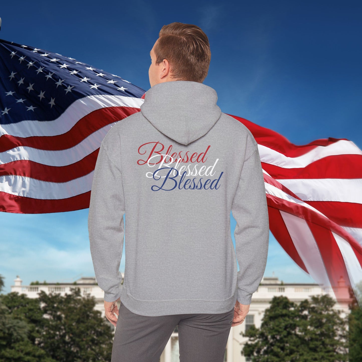 Blessed Hoodie – Patriotic Red, White & Blue Unisex Pullover Sweatshirt with Front & Back Print – Cozy, Positive Vibes Gift