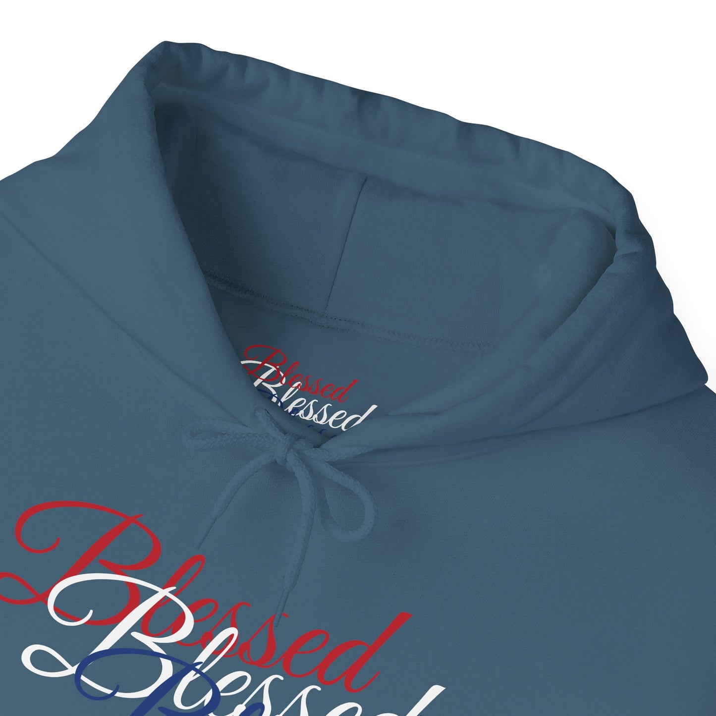 Blessed Hoodie – Patriotic Red, White & Blue Unisex Pullover Sweatshirt with Front & Back Print – Cozy, Positive Vibes Gift