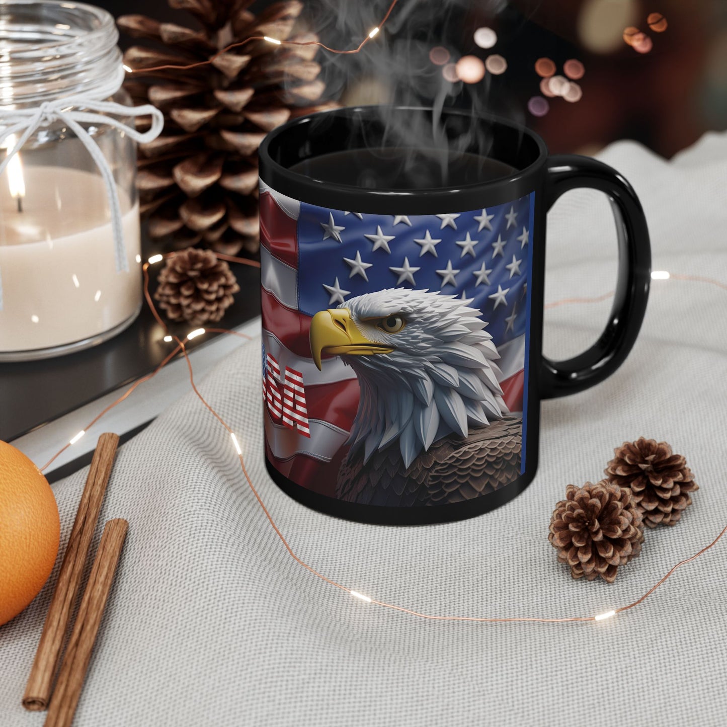 Patriotic USA Bald Eagle Ceramic Coffee Mug – Red, White & Blue American Flag Cup – Black Ceramic 11oz & 15oz – Veterans Day Gift, Independence Day Decor