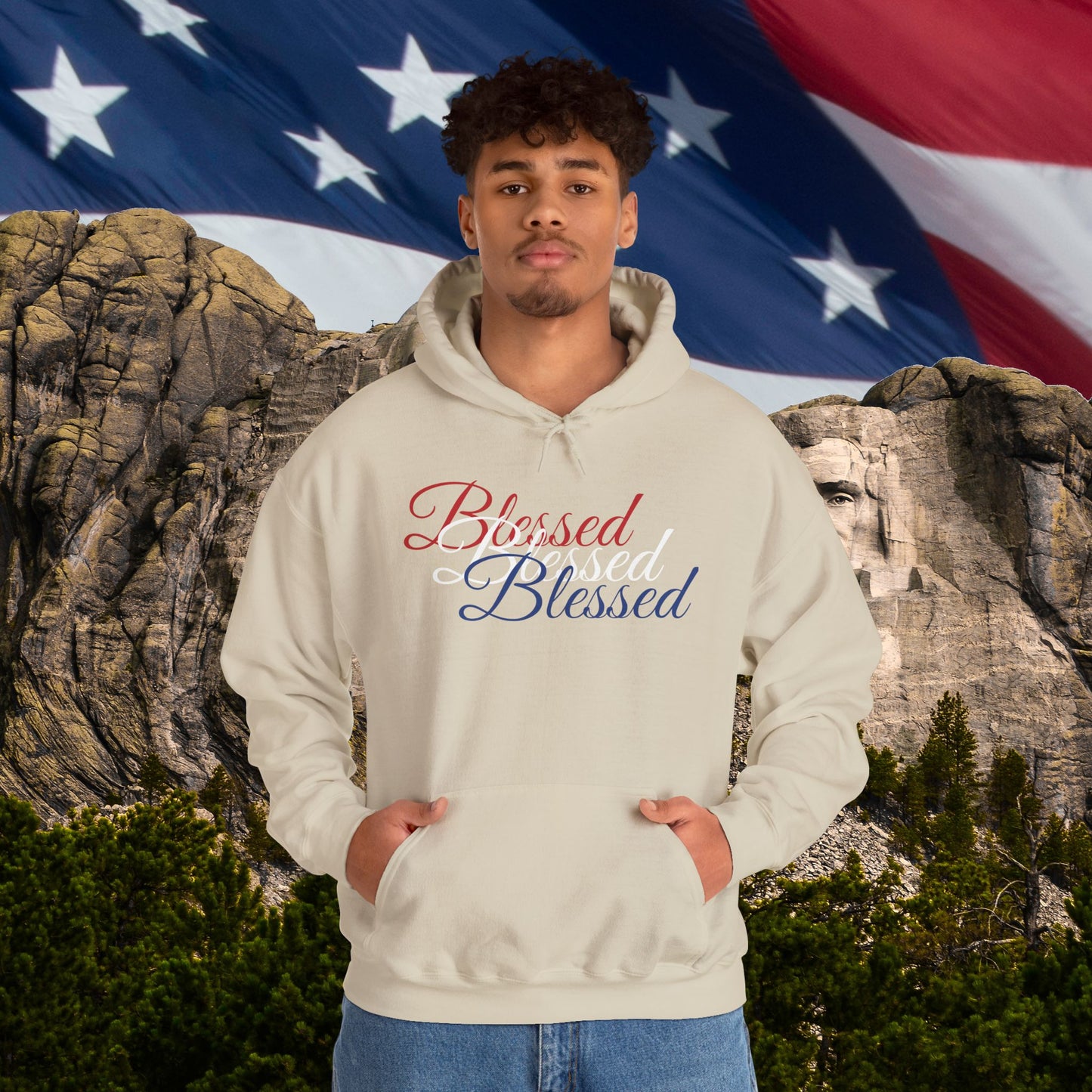 Blessed Hoodie – Patriotic Red, White & Blue Unisex Pullover Sweatshirt with Front & Back Print – Cozy, Positive Vibes Gift