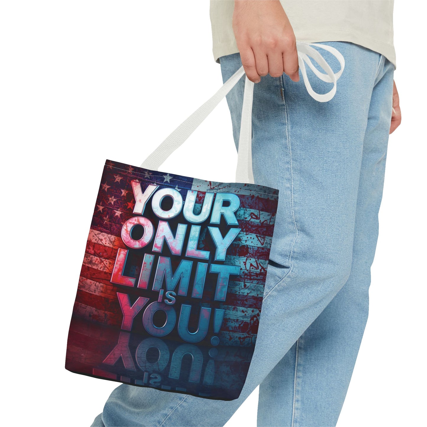 Motivational Tote Bag, Your Only Limit is You!, Inspirational Gift, USA Flag Design, Eco-Friendly Everyday Tote