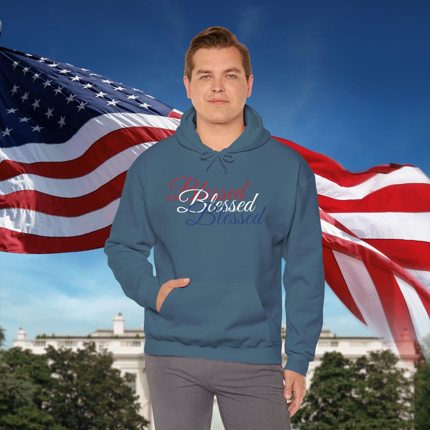 Blessed Hoodie – Patriotic Red, White & Blue Unisex Pullover Sweatshirt with Front & Back Print – Cozy, Positive Vibes Gift