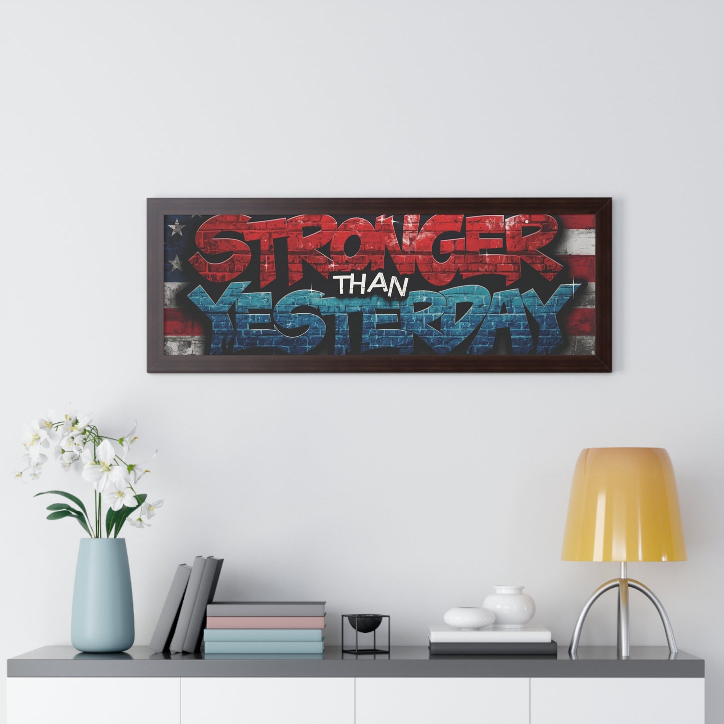 Patriotic Stronger Than Yesterday Red White Blue Wall Art Print, Framed Horizontal Poster, Inspirational Home Decor, Gift for Veterans, Americana Decor, Motivational Art