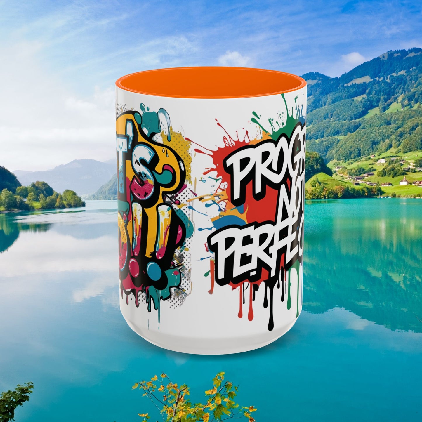 Vibrant Ceramic Mug Inspirational Let's Go! Graffiti Mug Coffee Mug Progress Not Perfection Sizes 11oz & 15oz Birthday Gift Graduation Gift 8 Different Color Options