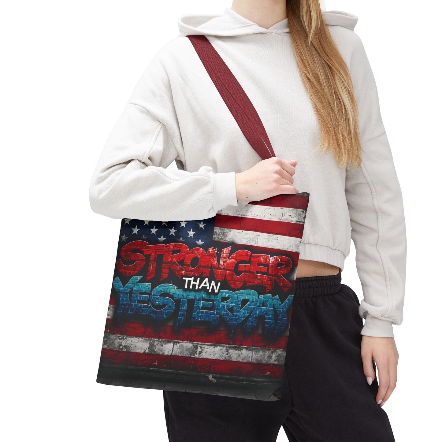 Patriotic Red White Blue Tote Bag - Stronger Than Yesterday - Perfect for Fourth of July, Gym, Beach, Shopping, Gifts