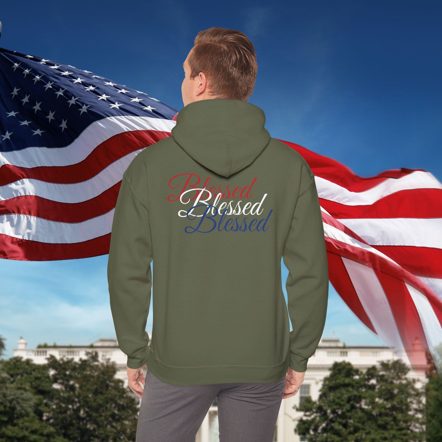 Blessed Hoodie – Patriotic Red, White & Blue Unisex Pullover Sweatshirt with Front & Back Print – Cozy, Positive Vibes Gift