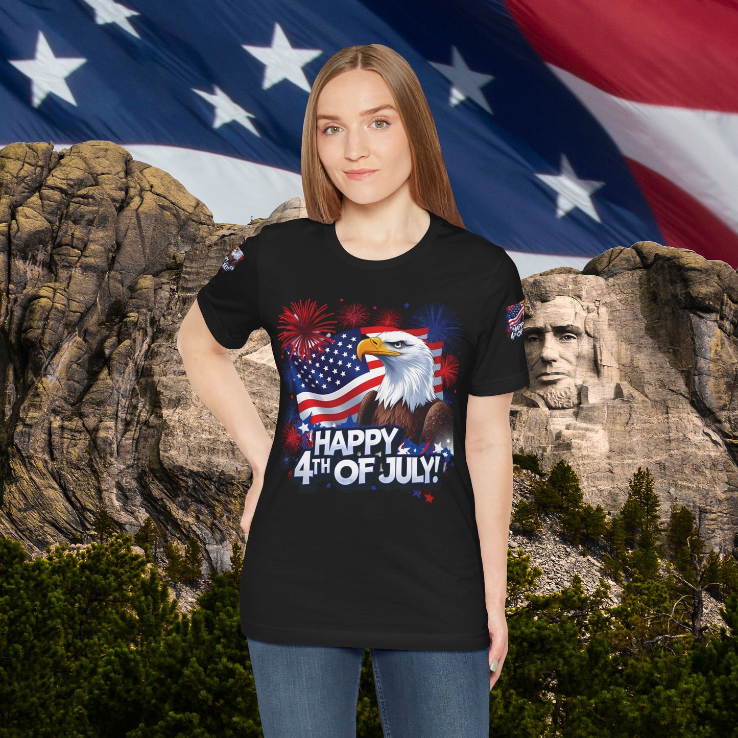 Happy 4th of July, Print Design, Unisex T-Shirt, Patriotic Print Design, Independence Day Shirt, Red White Blue Shirt, USA Tee Gift, Gift For Her, Gift For Him, American Flag, Bald Eagle