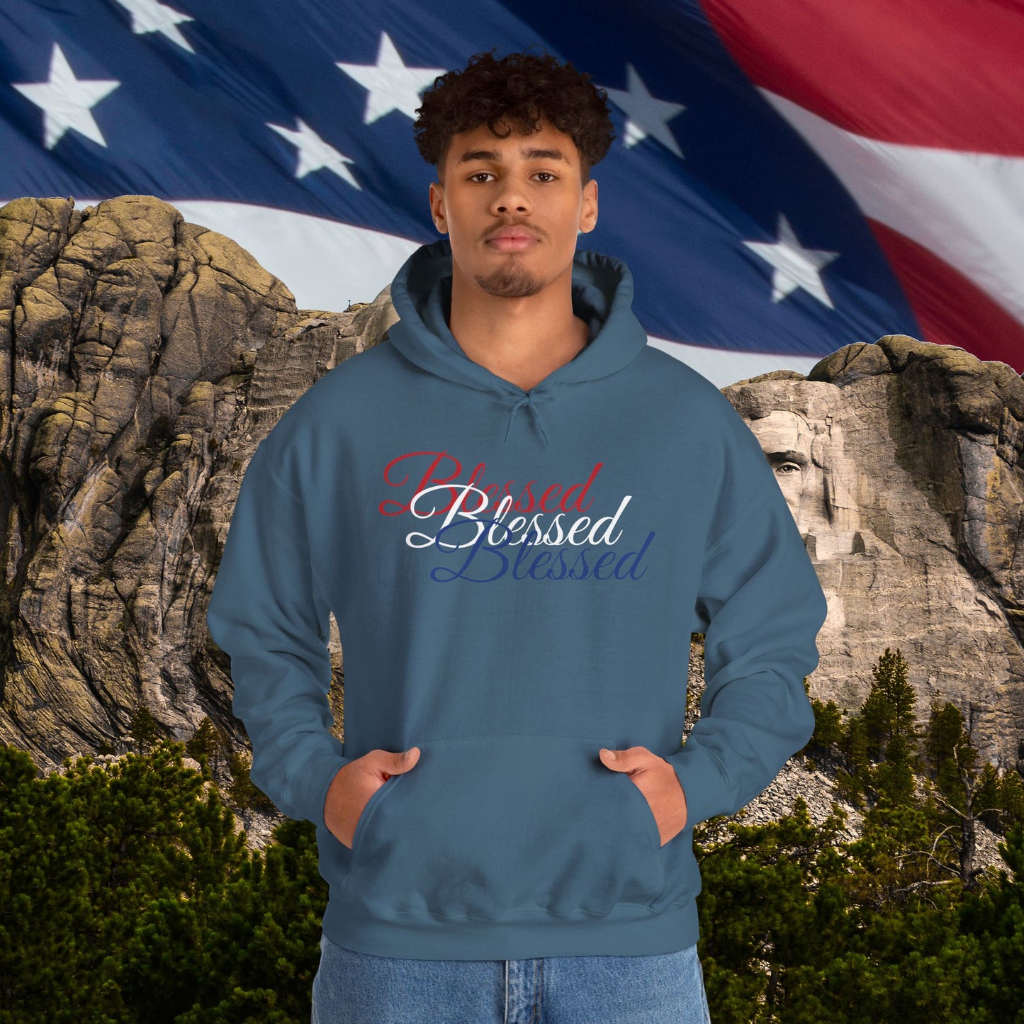 Blessed Hoodie – Patriotic Red, White & Blue Unisex Pullover Sweatshirt with Front & Back Print – Cozy, Positive Vibes Gift
