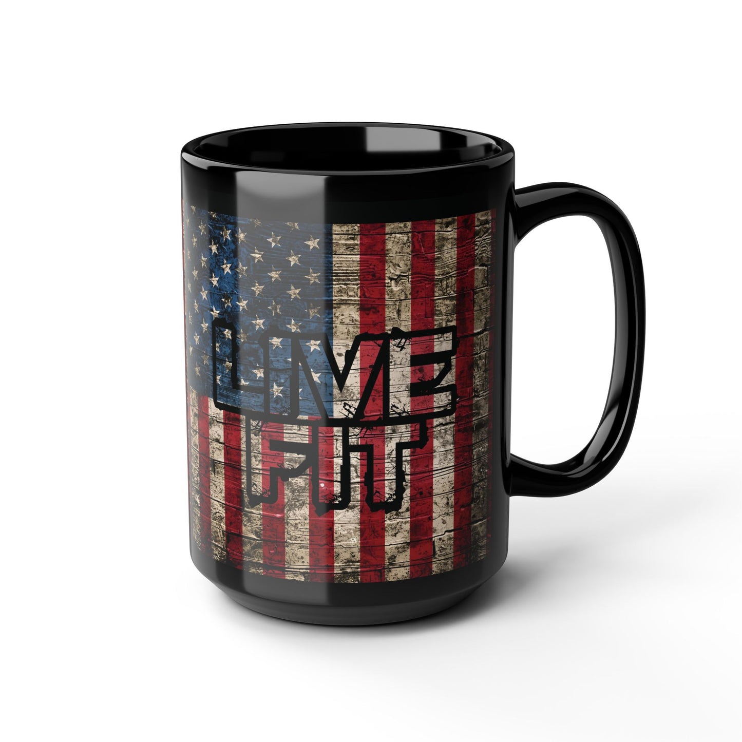 Sleek - Ceramic Black Mug - LIVE FIT - Vintage American Flag Backdrop Design - Gift for Patriots and Coffee Lovers - 11oz - 15oz -
