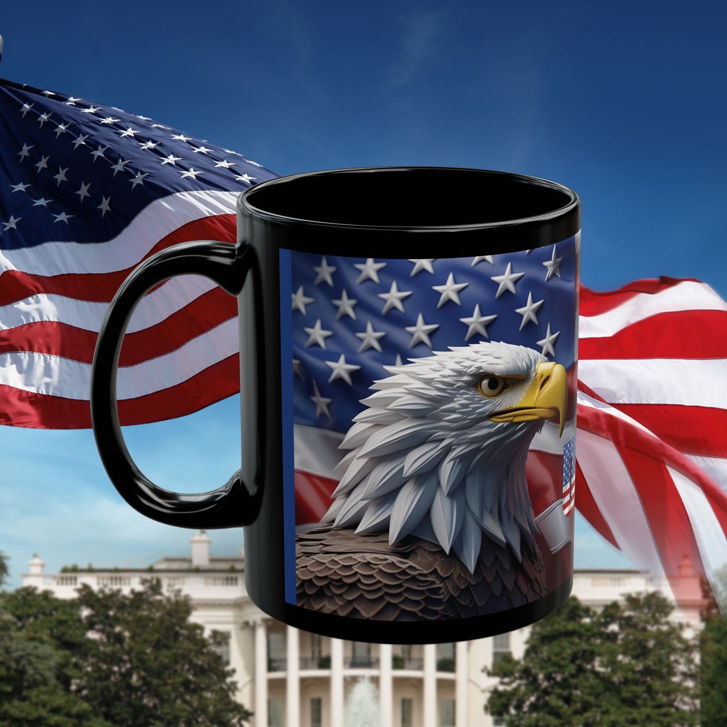 Patriotic USA Bald Eagle Ceramic Coffee Mug – Red, White & Blue American Flag Cup – Black Ceramic 11oz & 15oz – Veterans Day Gift, Independence Day Decor