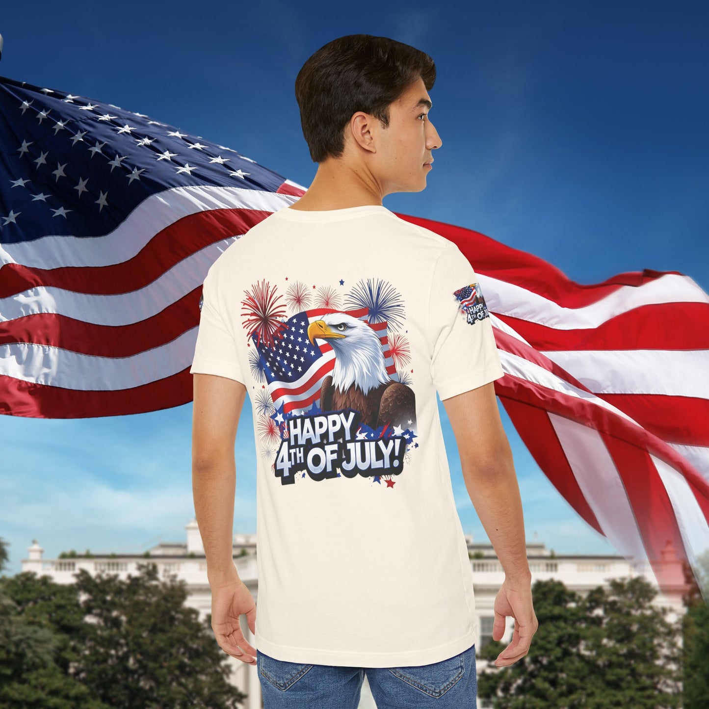 Happy 4th of July, Print Design, Unisex T-Shirt, Patriotic Print Design, Independence Day Shirt, Red White Blue Shirt, USA Tee Gift, Gift For Her, Gift For Him, American Flag, Bald Eagle