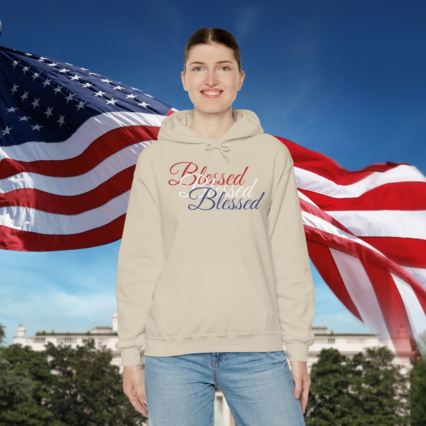 Blessed Hoodie – Patriotic Red, White & Blue Unisex Pullover Sweatshirt with Front & Back Print – Cozy, Positive Vibes Gift