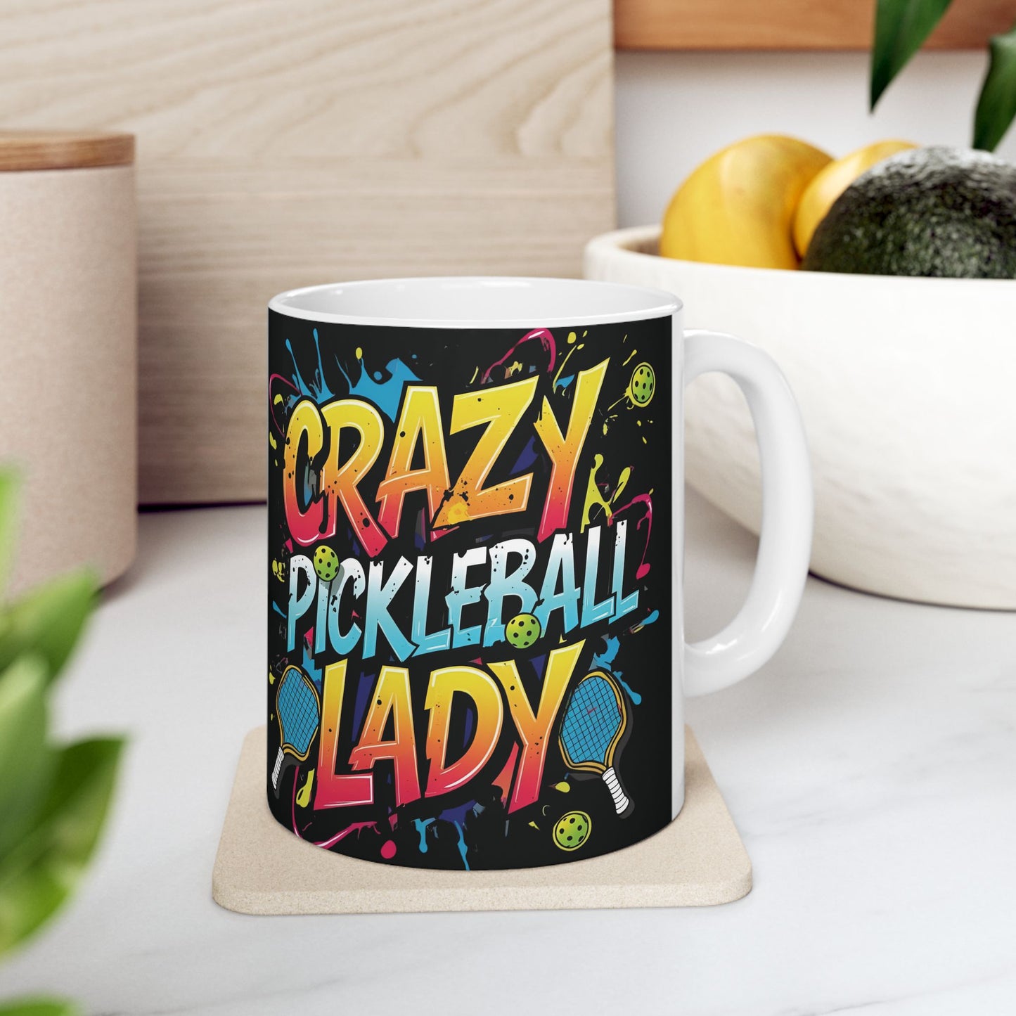 Colorful Crazy Pickleball Lady Mug, 11oz & 15oz, Fun Sports Gift for Pickleball Enthusiasts, Unique Ceramic Coffee Cup, Perfect for Birthdays