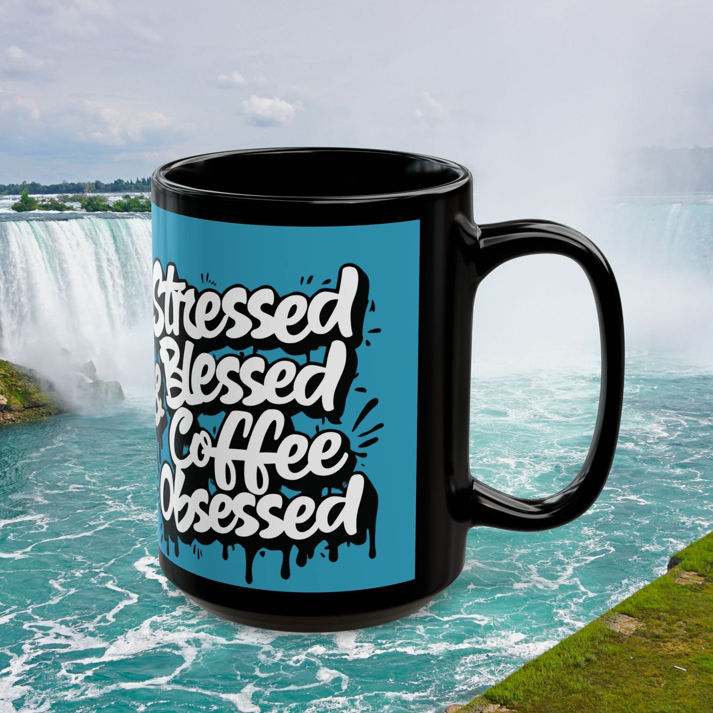 Coffee Lover's 11oz & 15oz Sleek Black Ceramic Mug - Stressed, Blessed & Coffee Obsessed Print, Gift for Coffee Lovers, Gift For Her, Inspirational Mug, Home & Office, Fun Gift Idea