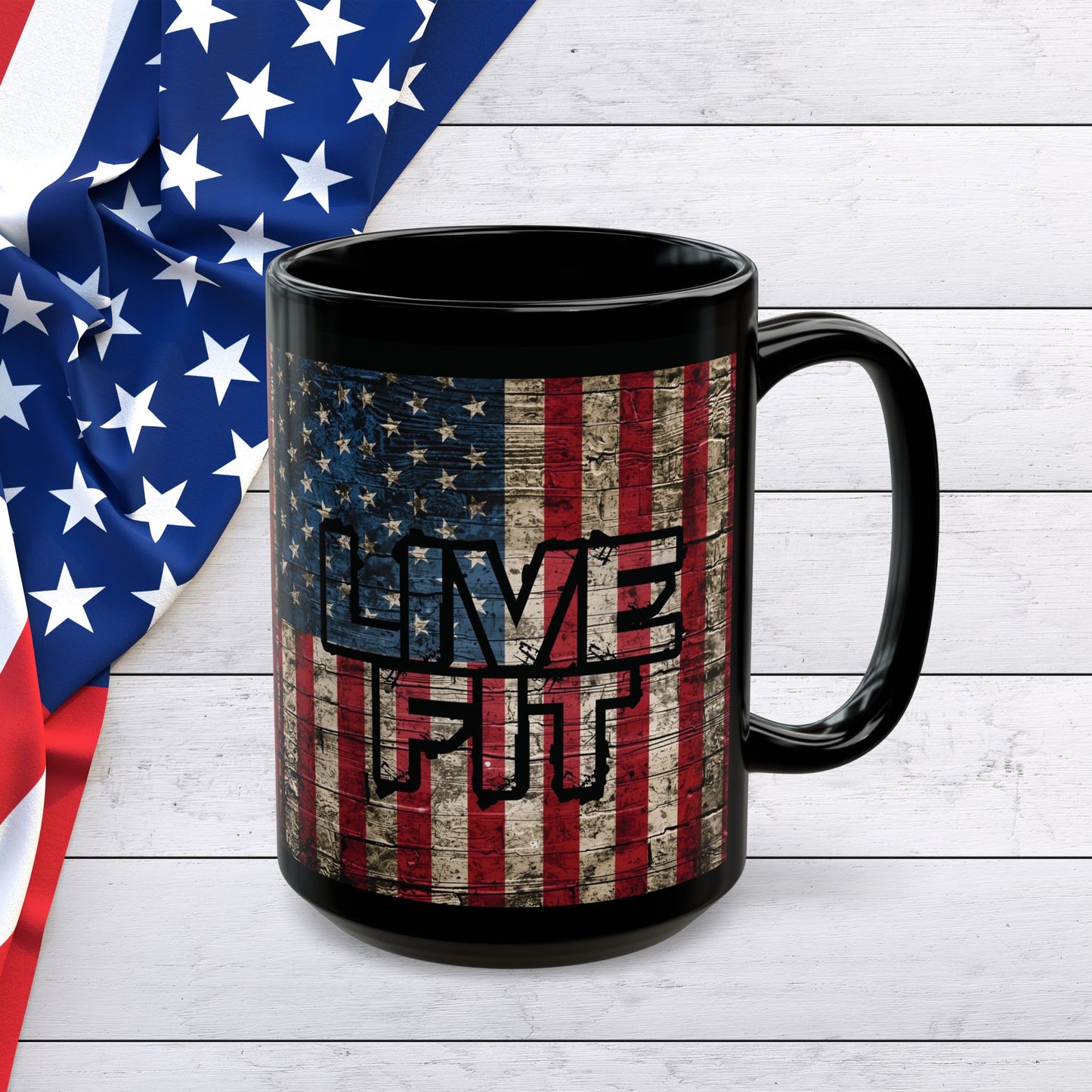 Sleek - Ceramic Black Mug - LIVE FIT - Vintage American Flag Backdrop Design - Gift for Patriots and Coffee Lovers - 11oz - 15oz -