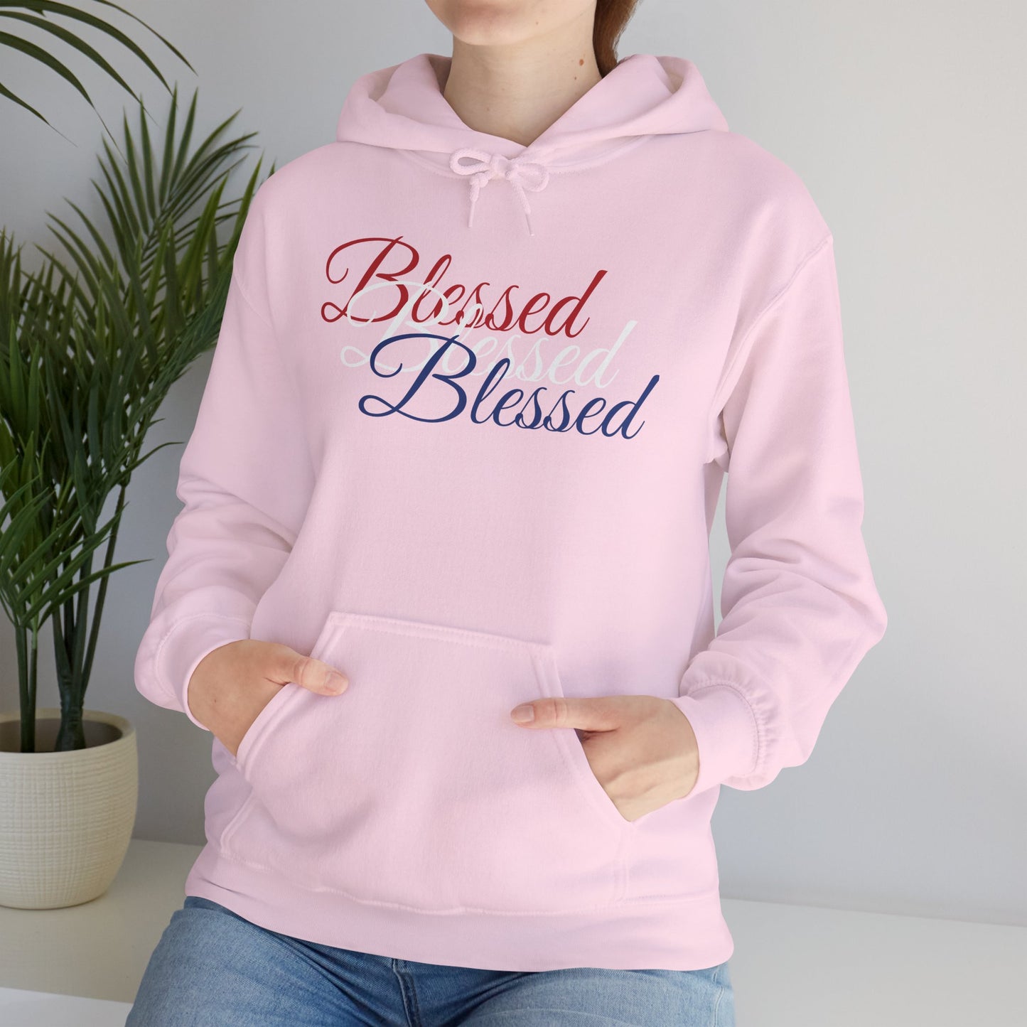 Blessed Hoodie – Patriotic Red, White & Blue Unisex Pullover Sweatshirt with Front & Back Print – Cozy, Positive Vibes Gift