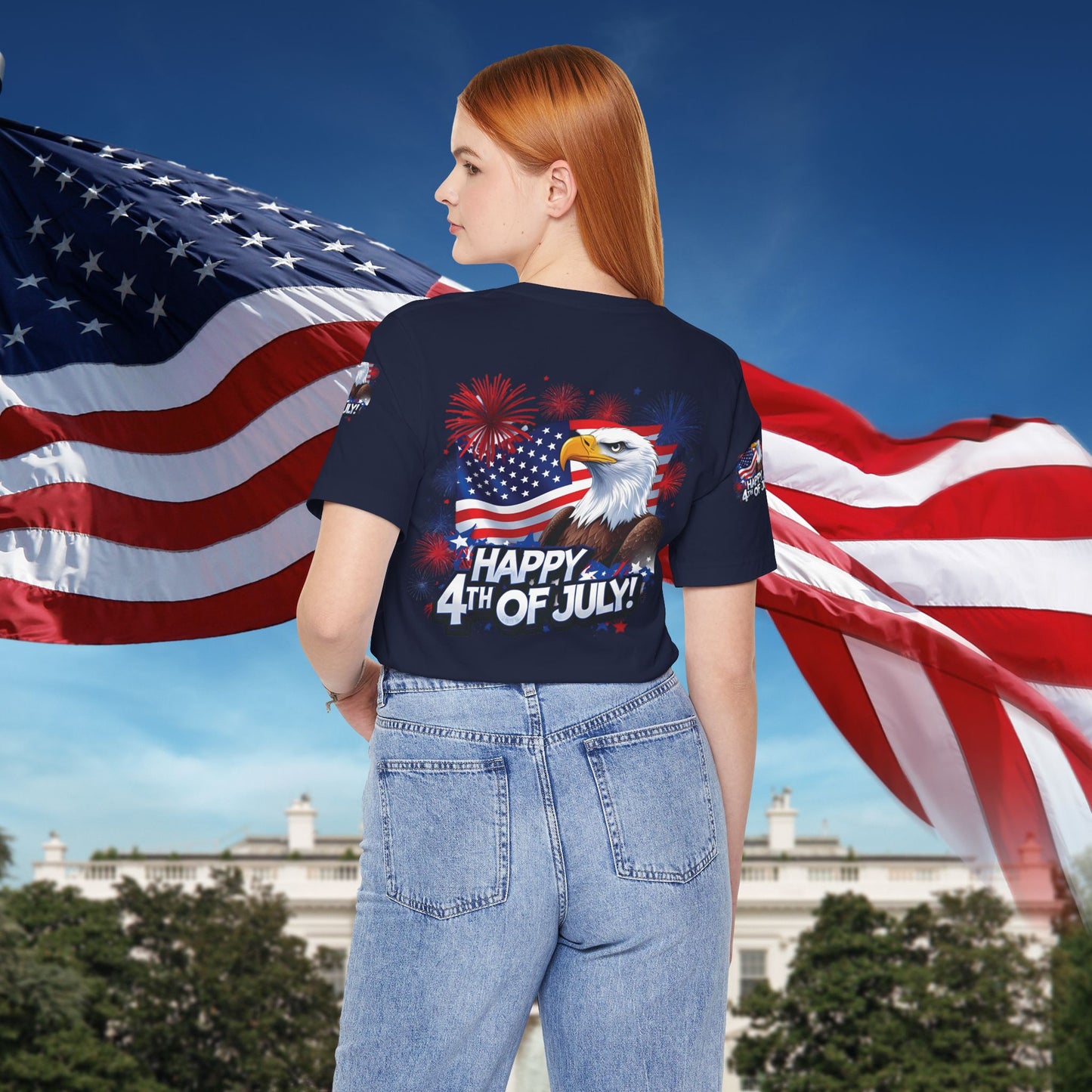 Happy 4th of July, Print Design, Unisex T-Shirt, Patriotic Print Design, Independence Day Shirt, Red White Blue Shirt, USA Tee Gift, Gift For Her, Gift For Him, American Flag, Bald Eagle