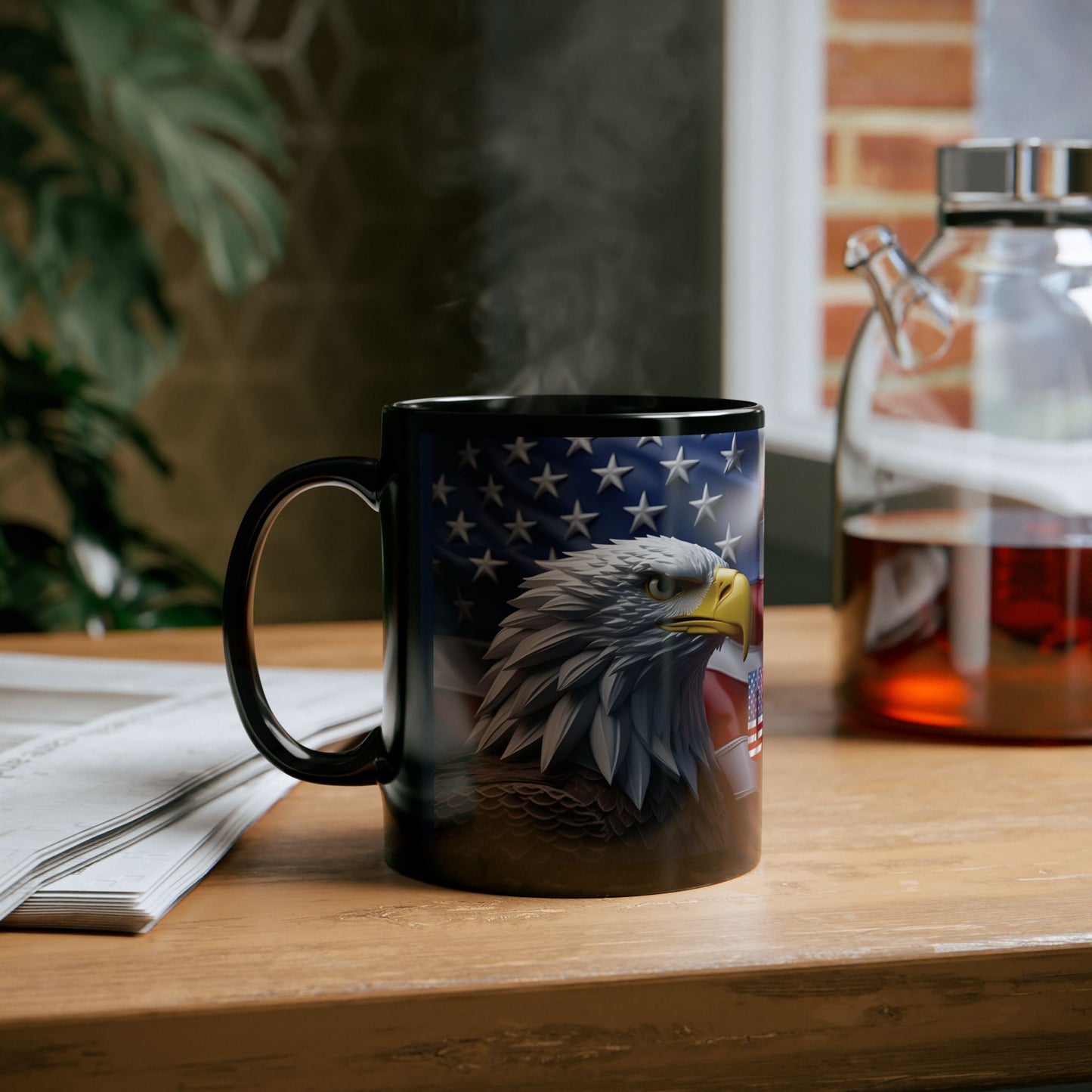 Patriotic USA Bald Eagle Ceramic Coffee Mug – Red, White & Blue American Flag Cup – Black Ceramic 11oz & 15oz – Veterans Day Gift, Independence Day Decor