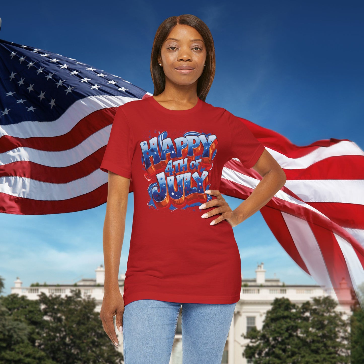 Happy 4th Of July, Print Design T-Shirt, Independence Day, American Flag, Bald Eagle, Red White Blue