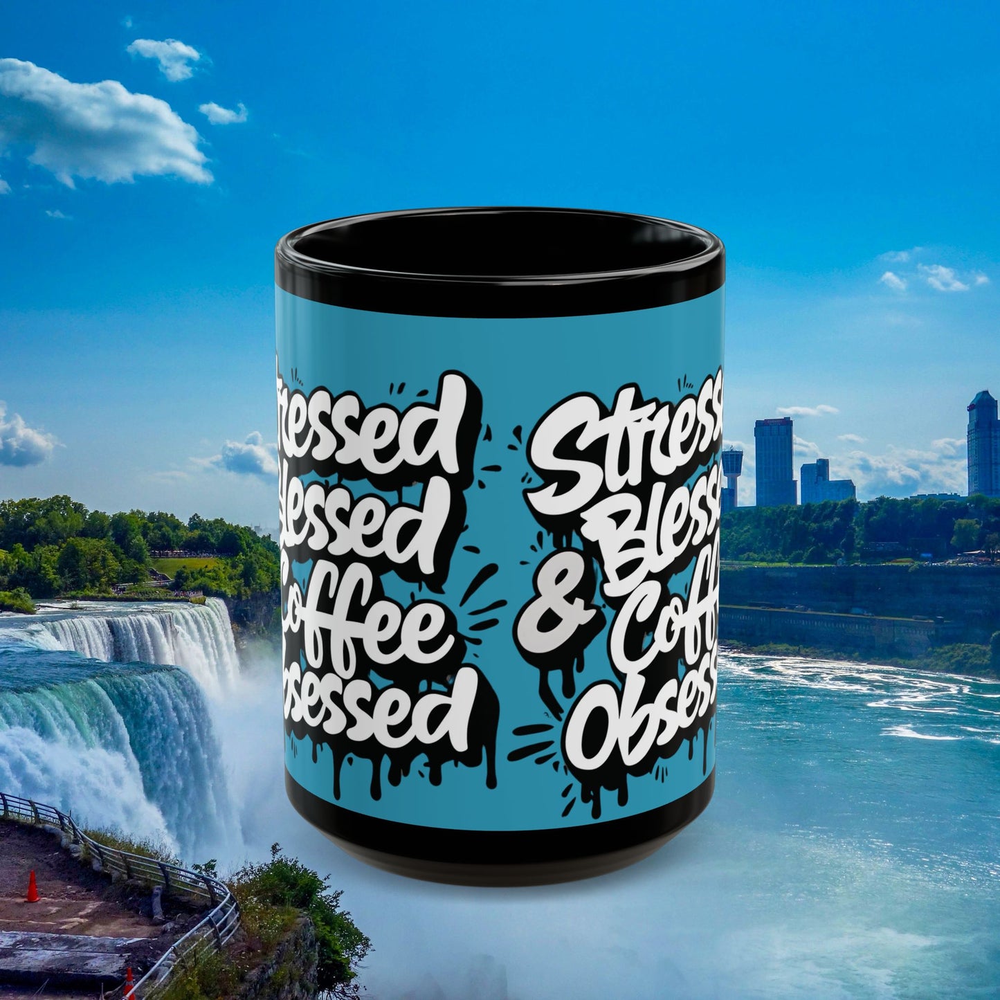 Coffee Lover's 11oz & 15oz Sleek Black Ceramic Mug - Stressed, Blessed & Coffee Obsessed Print, Gift for Coffee Lovers, Gift For Her, Inspirational Mug, Home & Office, Fun Gift Idea
