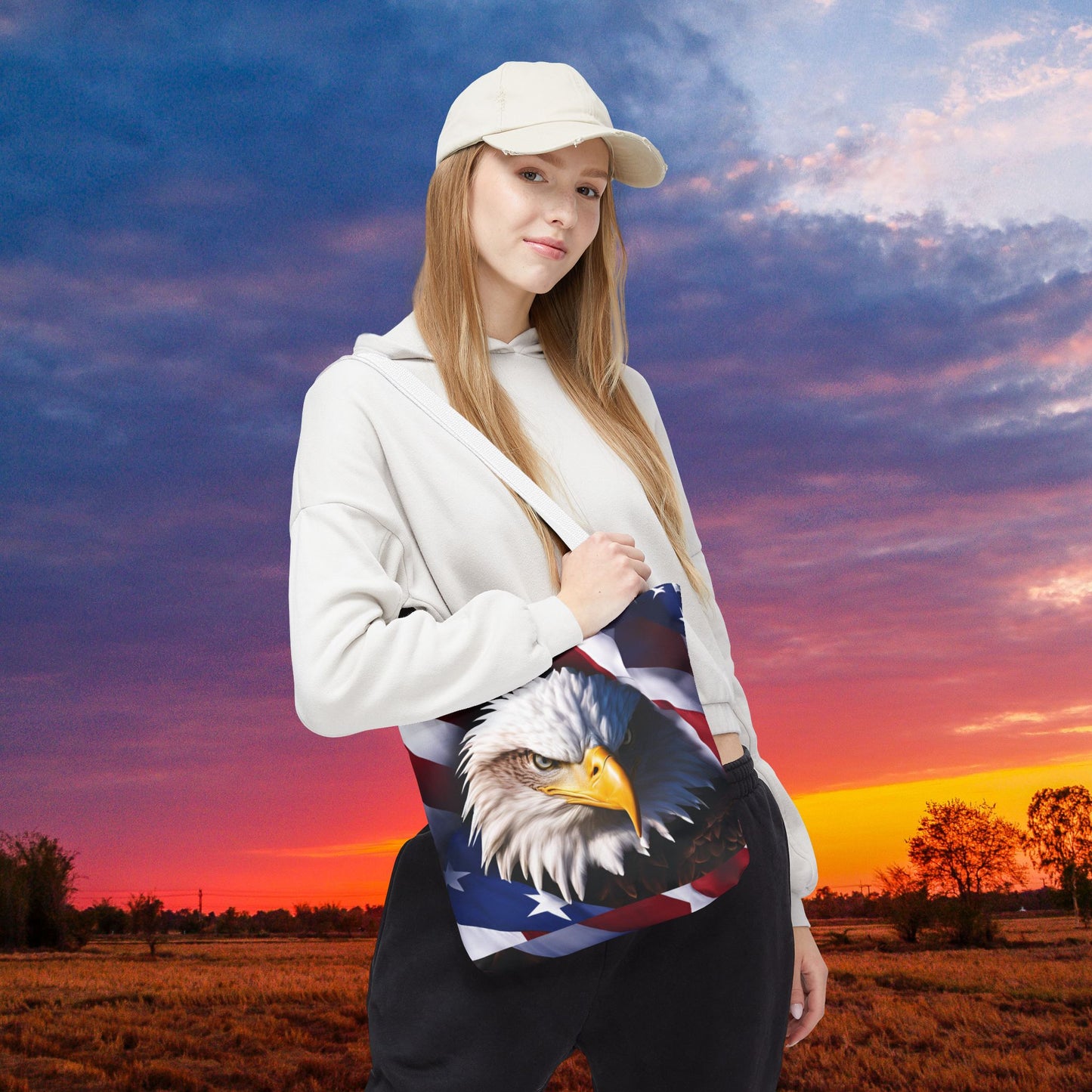 Patriotic Stylish American Flag Bald Eagle Red White & Blue All Over Print Tote Bag