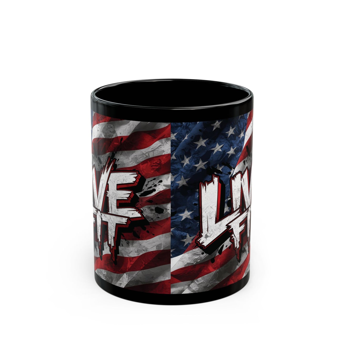 Stylish Black Ceramic Mug - LIVE FIT Design - American Flag Backdrop - Red White Blue