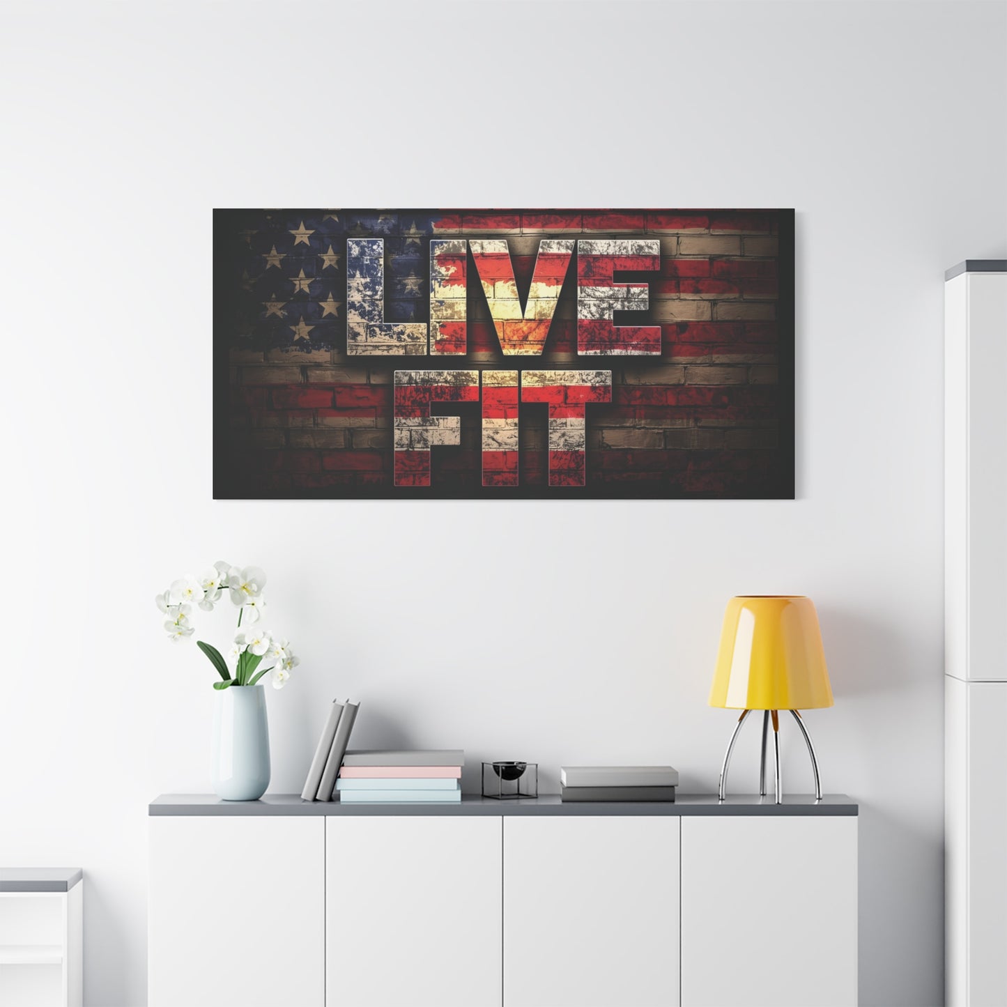 American Pride Canvas Wall Art - Live Fit Decor - Fitness Motivation - Patriotic Gift - USA Flag Artwork - Red White Blue -