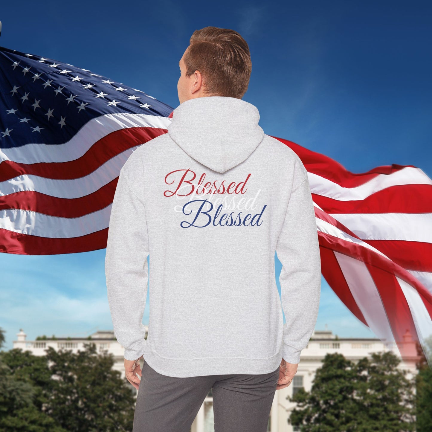 Blessed Hoodie – Patriotic Red, White & Blue Unisex Pullover Sweatshirt with Front & Back Print – Cozy, Positive Vibes Gift