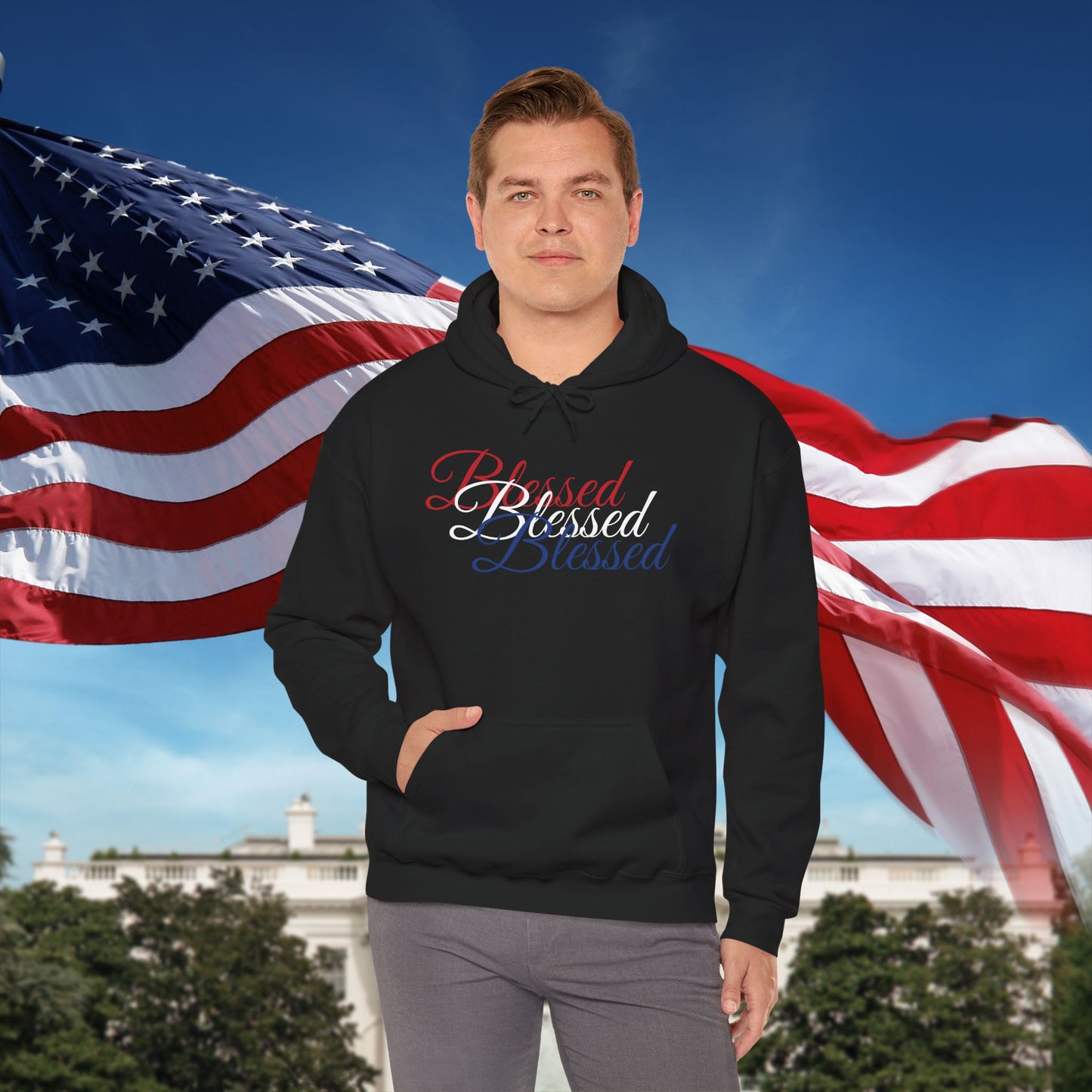 Blessed Hoodie – Patriotic Red, White & Blue Unisex Pullover Sweatshirt with Front & Back Print – Cozy, Positive Vibes Gift
