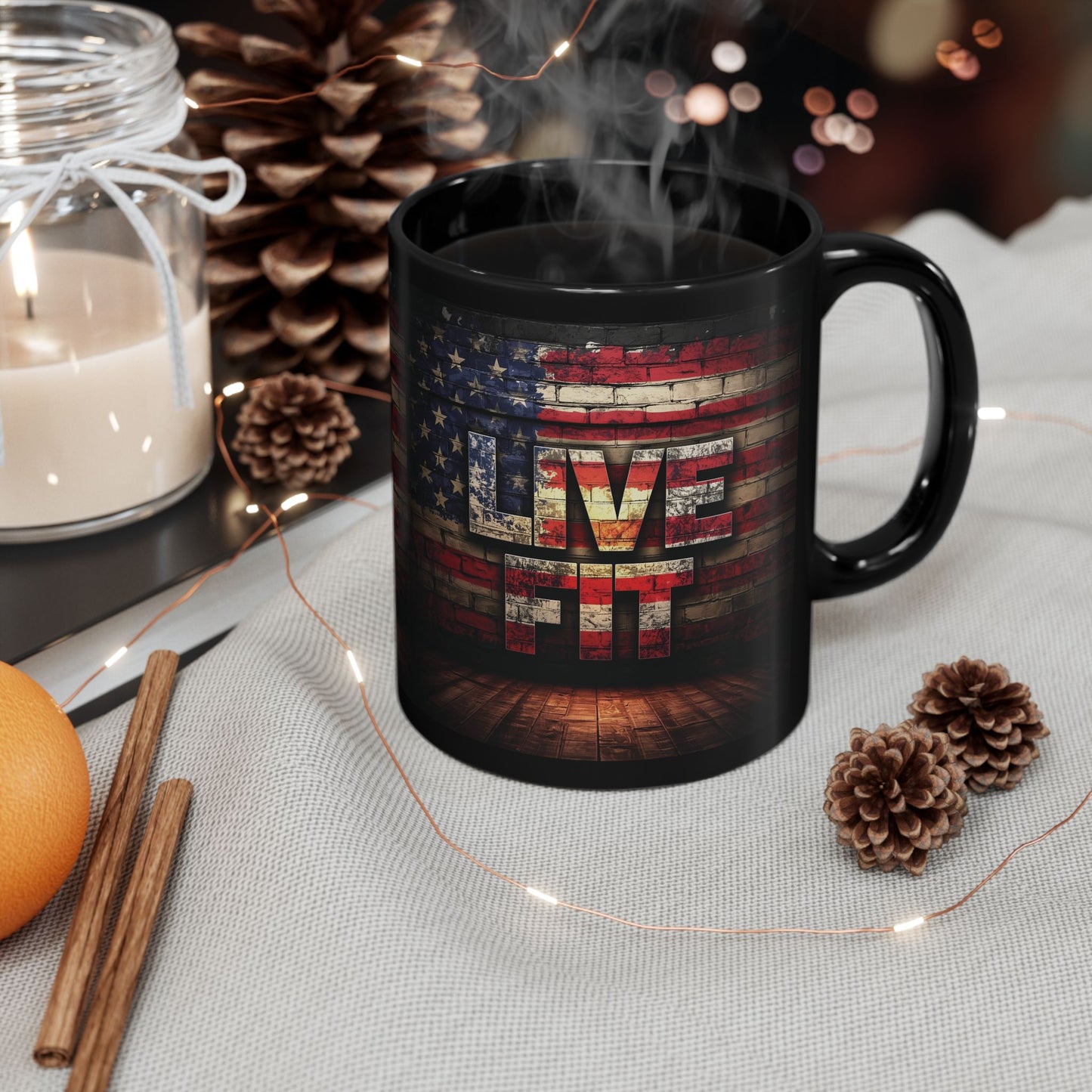 Patriotic Coffee Mug - LIVE FIT Black Ceramic Mug - USA Flag Backdrop Design - Gift for Fitness Enthusiasts - Independence Day - Home Office Decor - 11oz - 15oz -