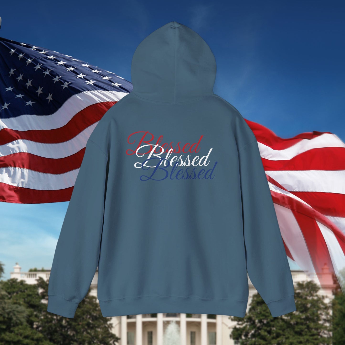 Blessed Hoodie – Patriotic Red, White & Blue Unisex Pullover Sweatshirt with Front & Back Print – Cozy, Positive Vibes Gift