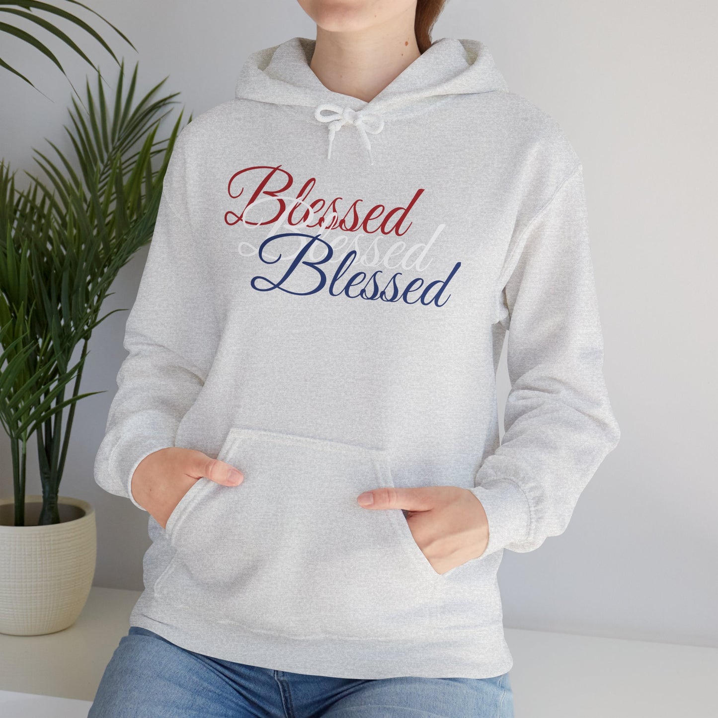 Blessed Hoodie – Patriotic Red, White & Blue Unisex Pullover Sweatshirt with Front & Back Print – Cozy, Positive Vibes Gift