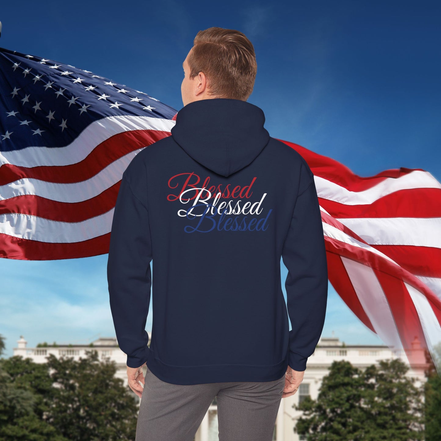 Blessed Hoodie – Patriotic Red, White & Blue Unisex Pullover Sweatshirt with Front & Back Print – Cozy, Positive Vibes Gift