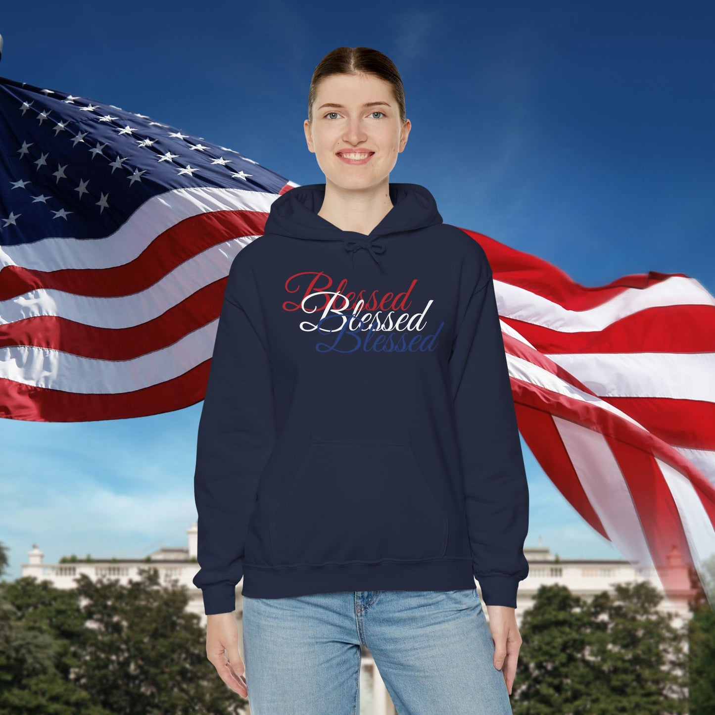 Blessed Hoodie – Patriotic Red, White & Blue Unisex Pullover Sweatshirt with Front & Back Print – Cozy, Positive Vibes Gift