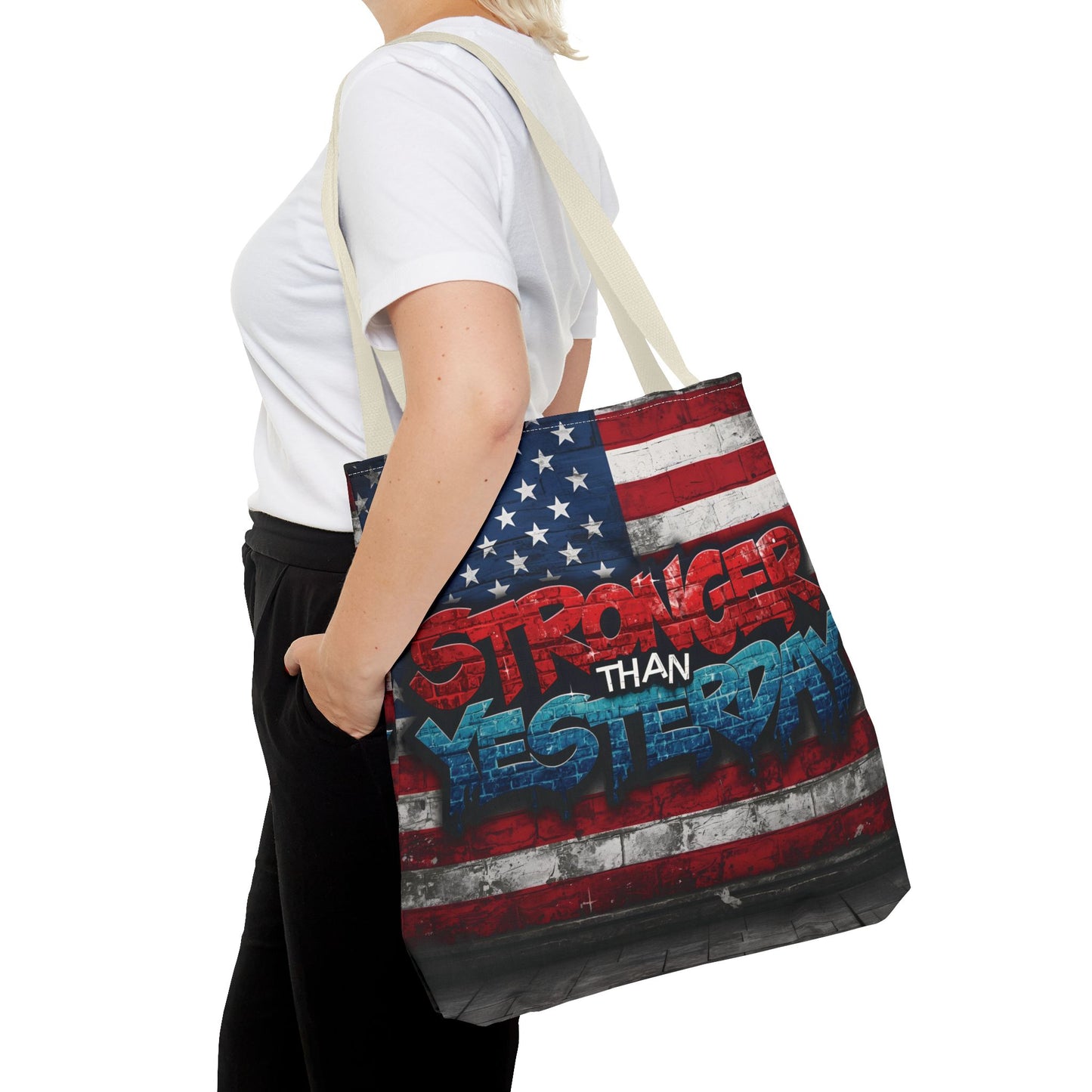 Patriotic Red White Blue Tote Bag - Stronger Than Yesterday - Perfect for Fourth of July, Gym, Beach, Shopping, Gifts