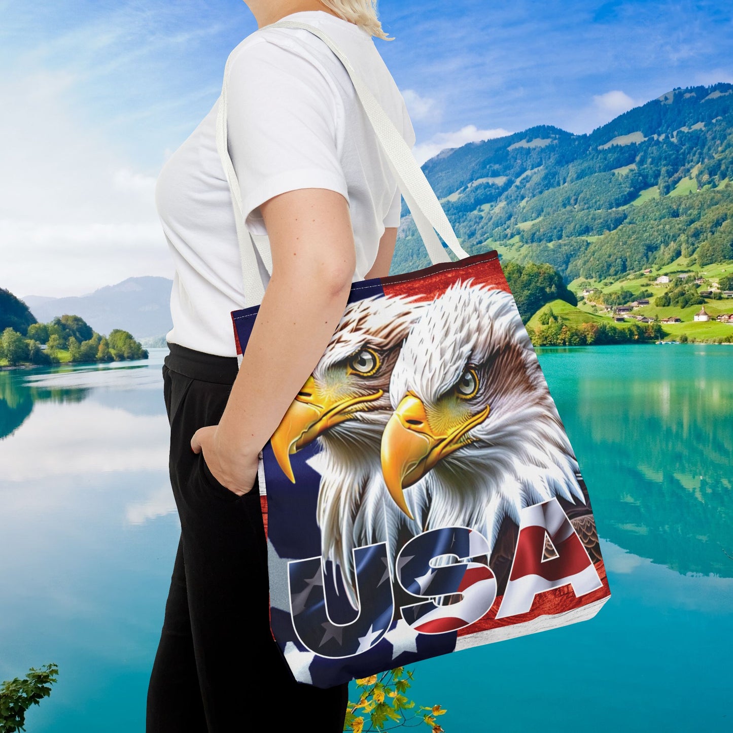 ๐บ๐ธ Patriotic ๐บ๐ธ USA ๐บ๐ธ Bald Eagles ๐บ๐ธ Tote Bag ๐บ๐ธ All Over Print ๐บ๐ธ American Flag Design ๐บ๐ธ Five Different Handle Colors ๐บ๐ธ Red ๐บ๐ธ Navy ๐บ๐ธ Black ๐บ๐ธ Beige ๐บ๐ธ White