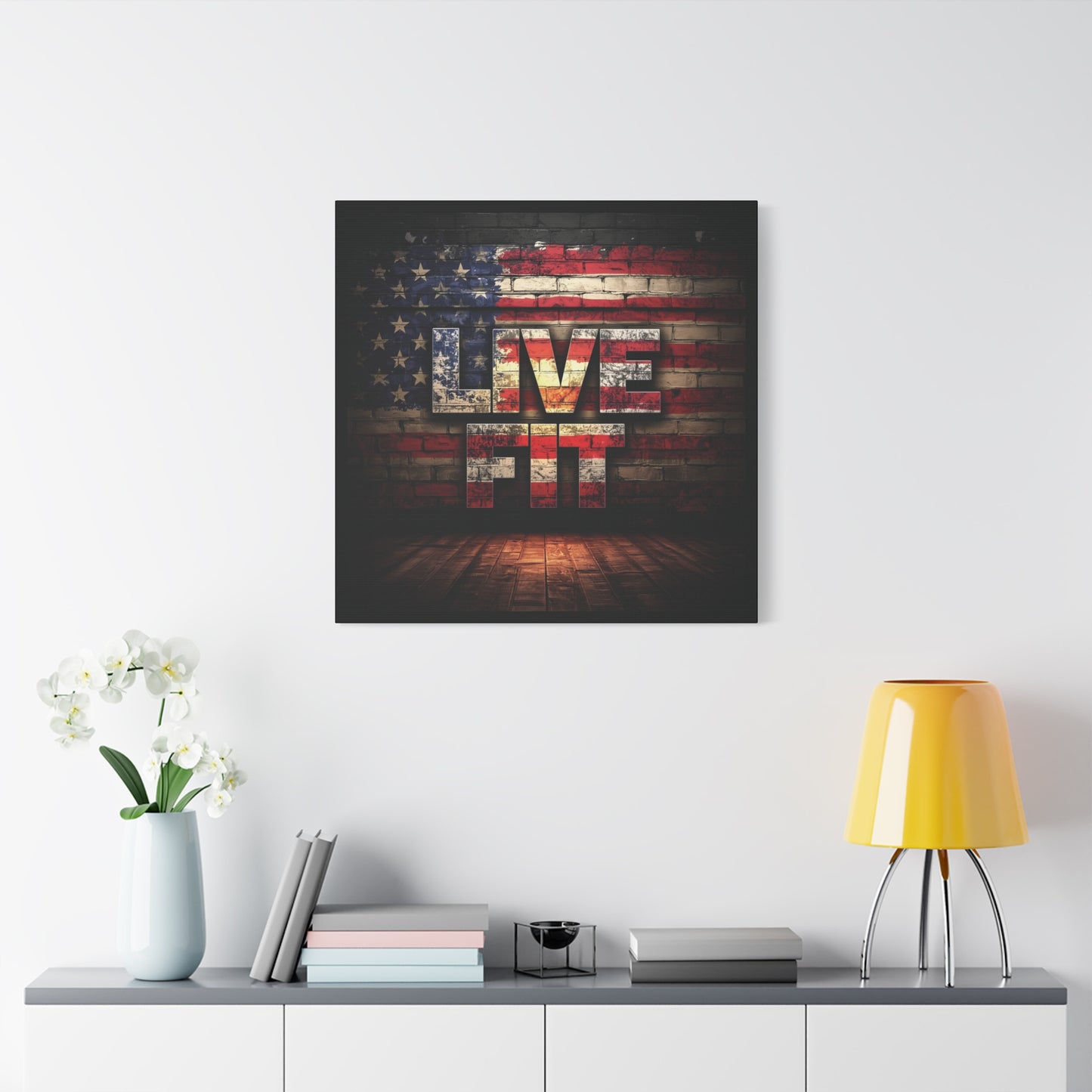 American Pride Canvas Wall Art - Live Fit Decor - Fitness Motivation - Patriotic Gift - USA Flag Artwork - Red White Blue -