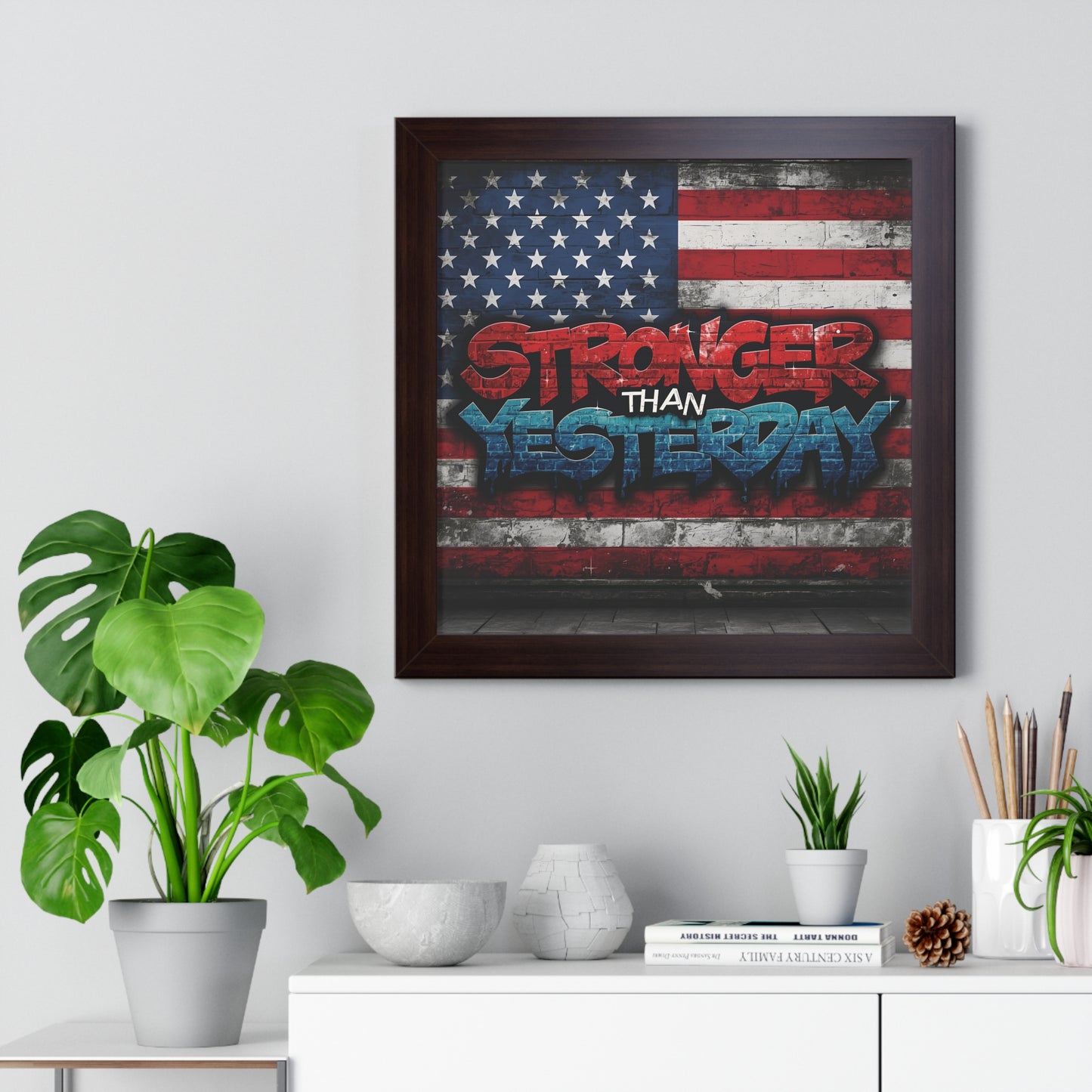 Patriotic Stronger Than Yesterday Red White Blue Wall Art Print, Framed Horizontal Poster, Inspirational Home Decor, Gift for Veterans, Americana Decor, Motivational Art