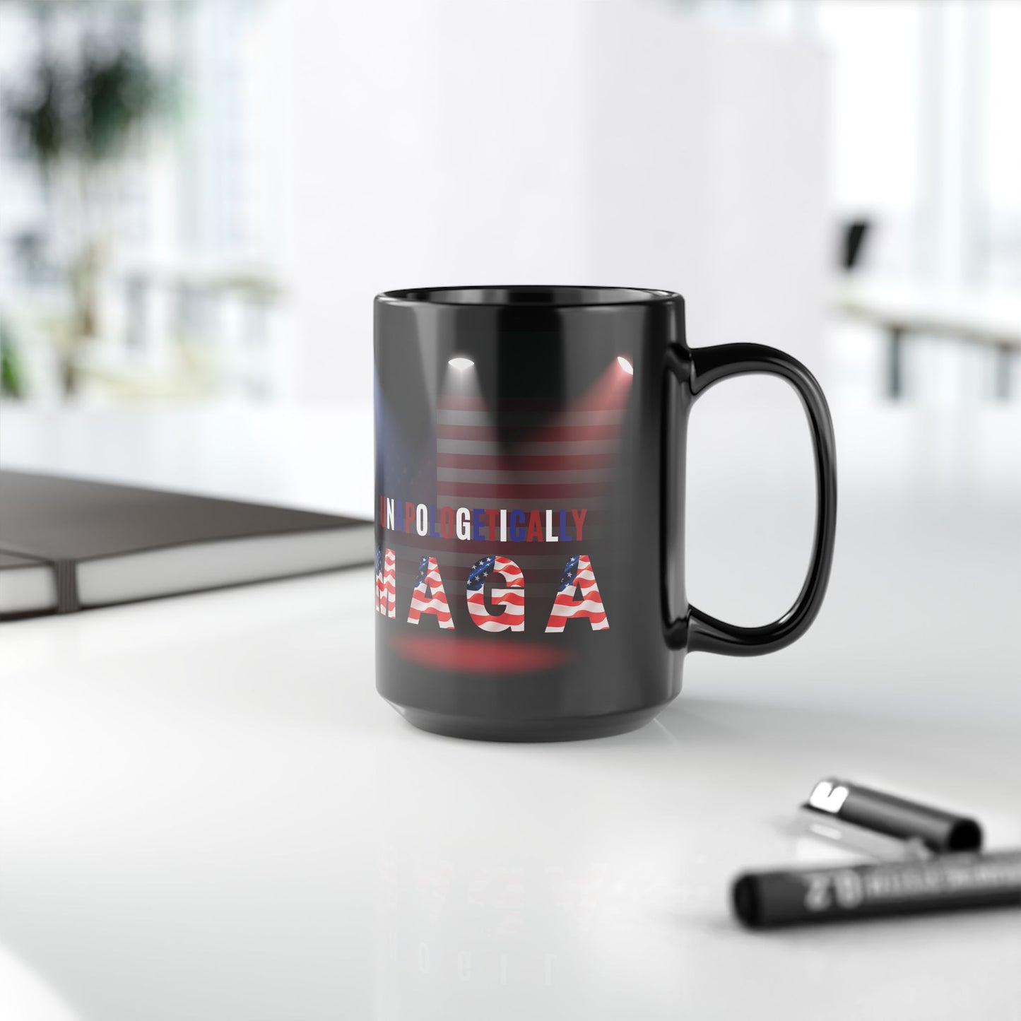 Unapologetically MAGA - Red White Blue - American Flag Spotlight Design - USA Pride - Sleek Black Ceramic Mug - 11oz - 15oz