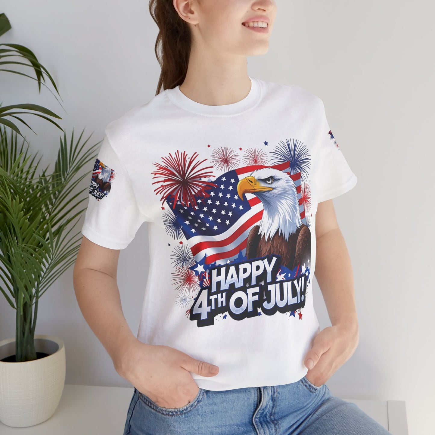Happy 4th of July, Print Design, Unisex T-Shirt, Patriotic Print Design, Independence Day Shirt, Red White Blue Shirt, USA Tee Gift, Gift For Her, Gift For Him, American Flag, Bald Eagle