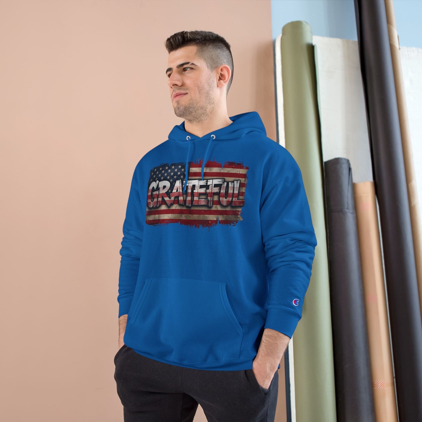 Champion Hoodie - Grateful American Flag - Red White Blue Backdrop